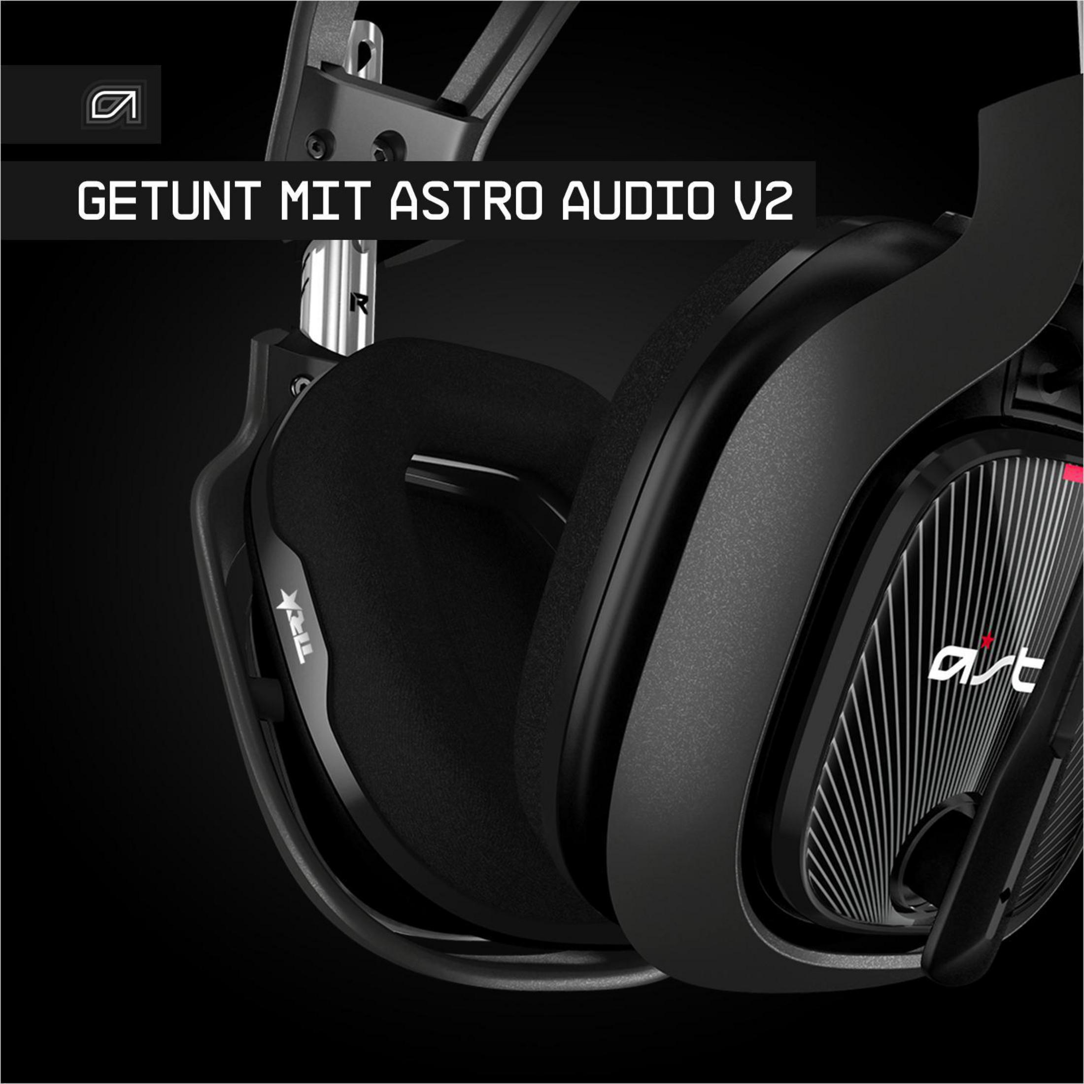 Schwarze und graue Astro-Gaming-Kopfhörer. Text auf der Seite: GETUNT MIT ASTRO AUDIO V2.