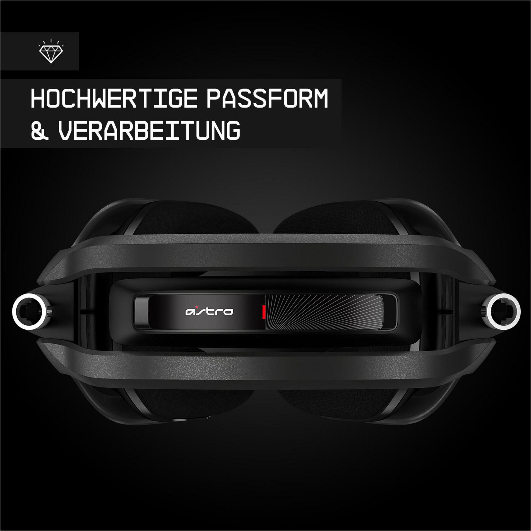 Schwarzes Gaming-Headset mit Text 'HOCHWERTIGE PASSFORM & VERARBEITUNG' auf schwarzem Hintergrund.