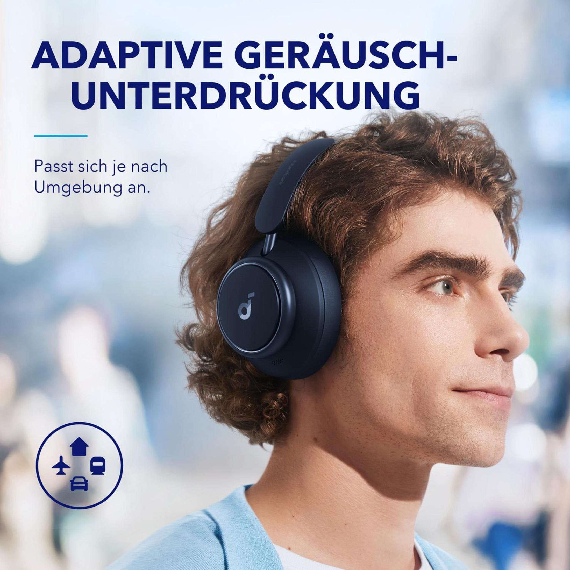 Mężczyzna w czarnych słuchawkach. Tło to rozmyty widok miasta. Ikony są widoczne.