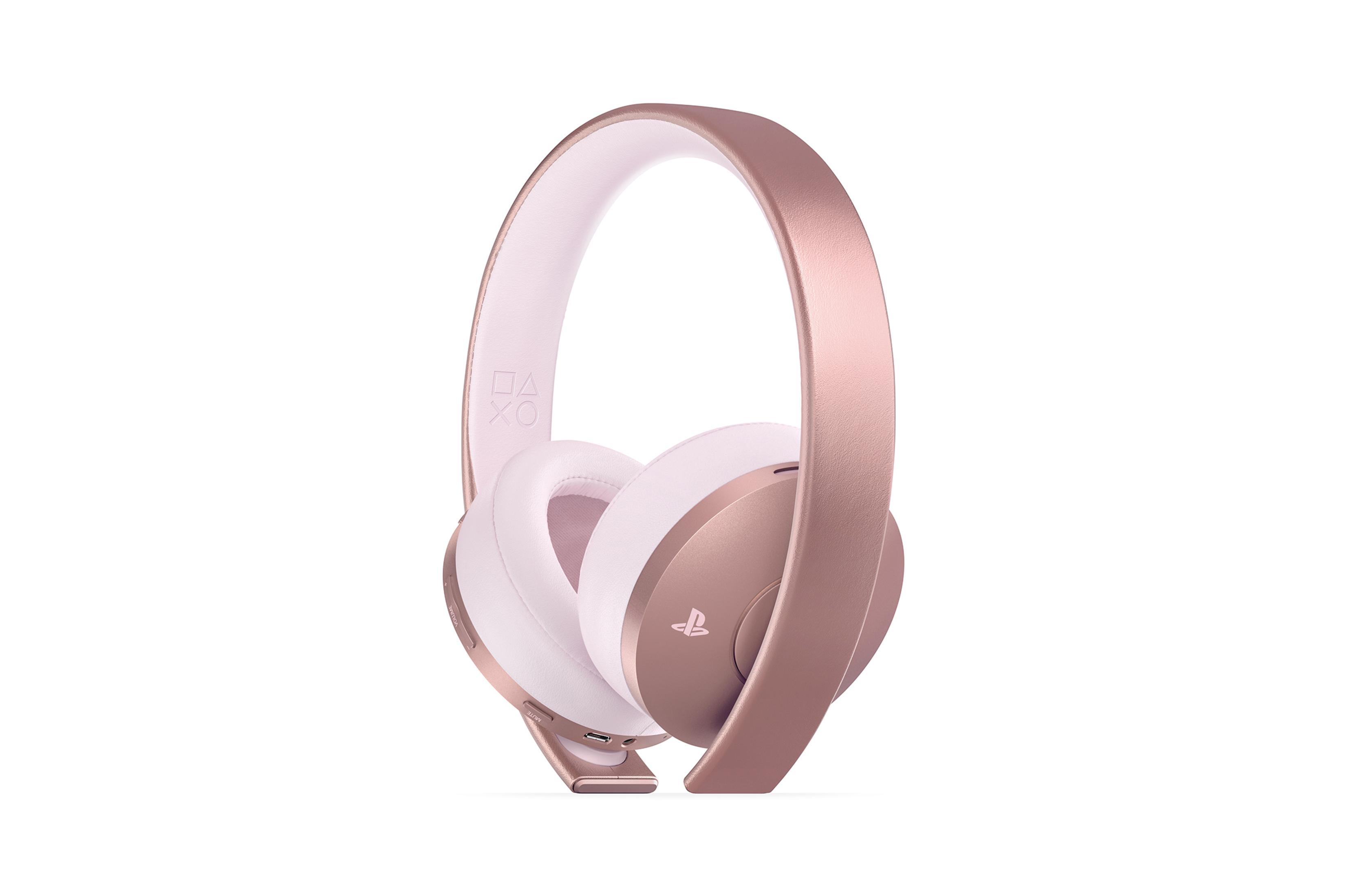 Roségoldene Playstation-Kopfhörer mit weißen Ohrpolstern. Schlichtes Design, weißer Hintergrund.
