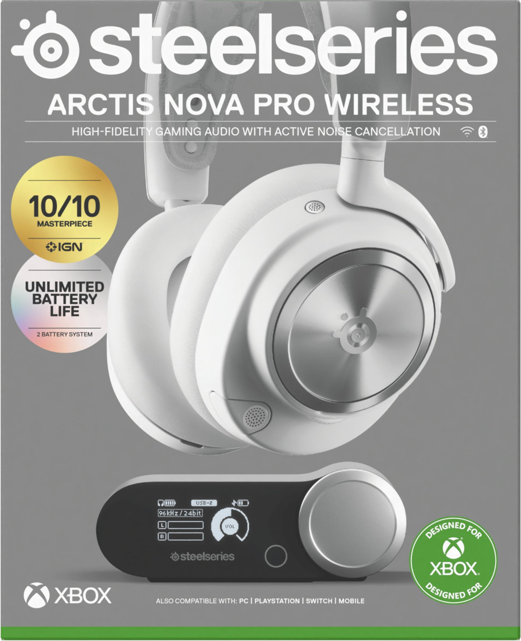 Weißes Gaming-Headset mit Bedienfeld. Text auf der Verpackung: 'SteelSeries' und 'Xbox'.