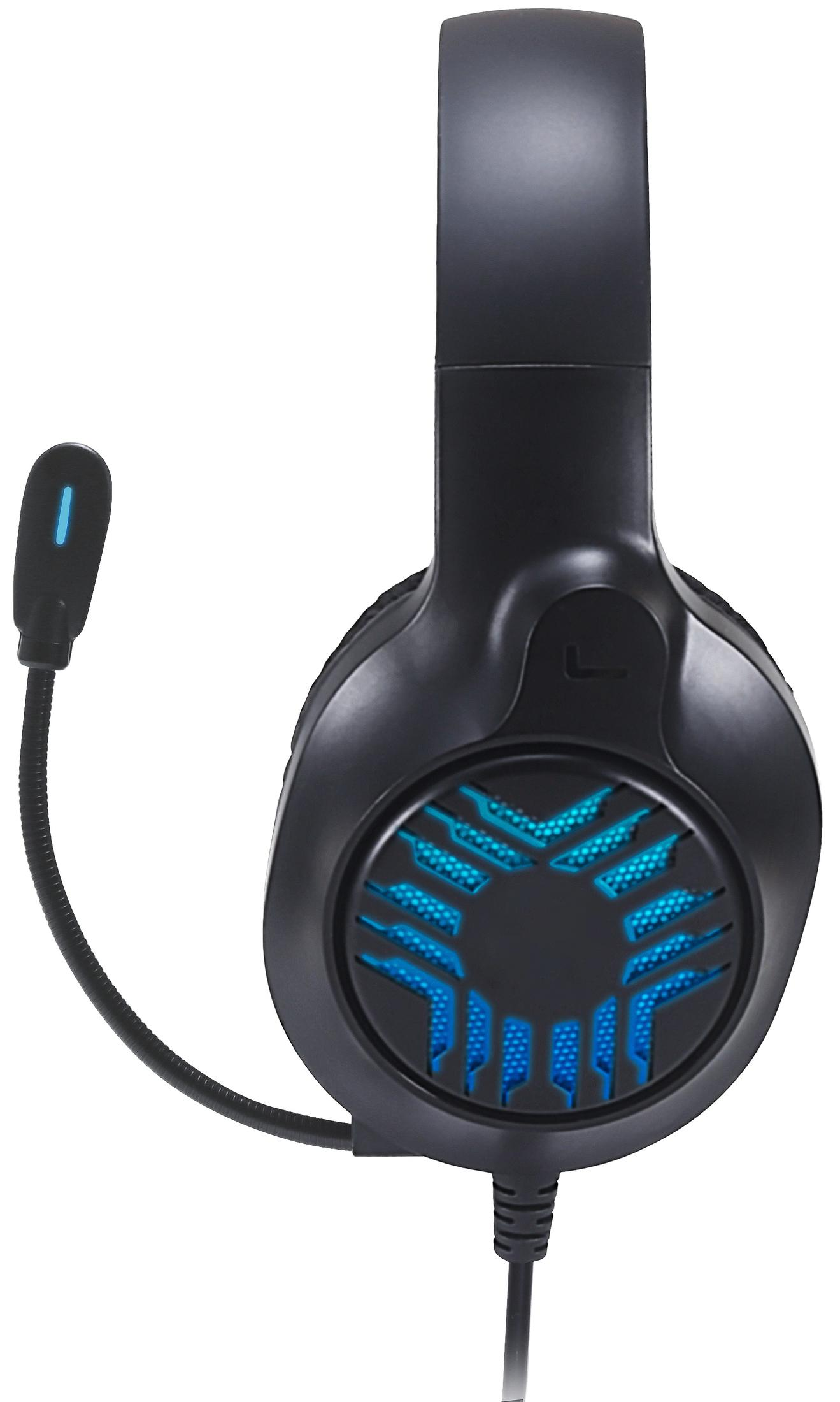 Black gaming headset with a blue and black design. The background is white.
