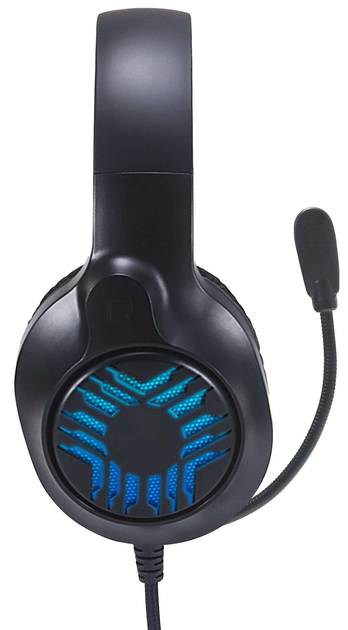 A black gaming headset with a microphone. The earpads have blue lights. The cable is connected.