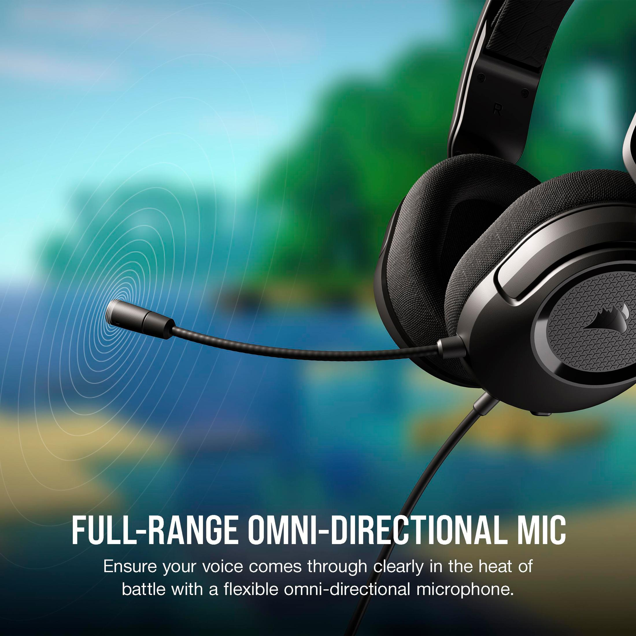Czarny zestaw słuchawkowy dla graczy z wysuniętym mikrofonem. Tekst: 'FULL-RANGE OMNI-DIRECTIONAL MIC'.