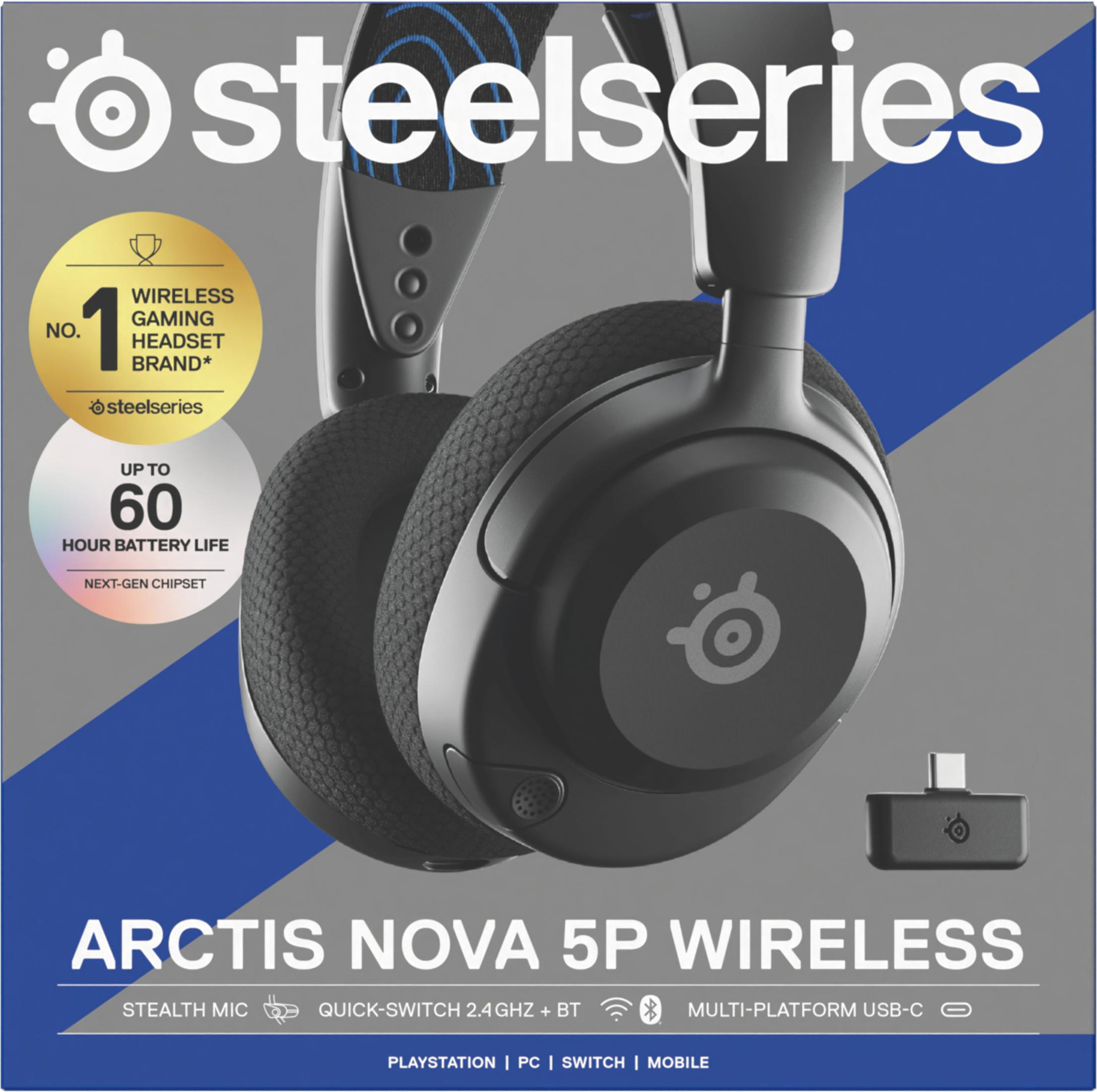 Schwarzes Gaming-Headset mit Logo und Text, kabellos, vor blauem Hintergrund, mit USB-Dongle.