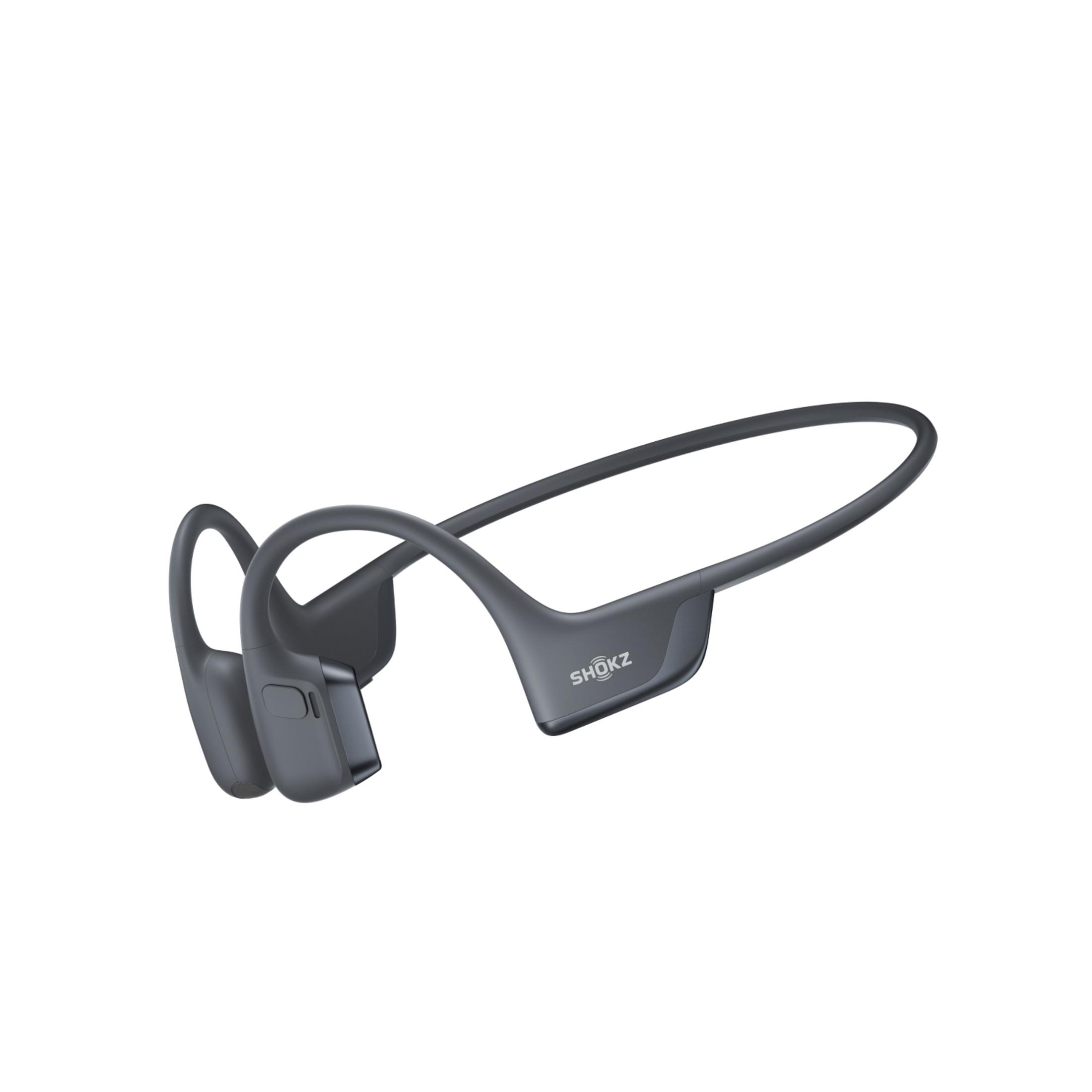 Cuffie a conduzione ossea Shokz grigie su sfondo bianco.