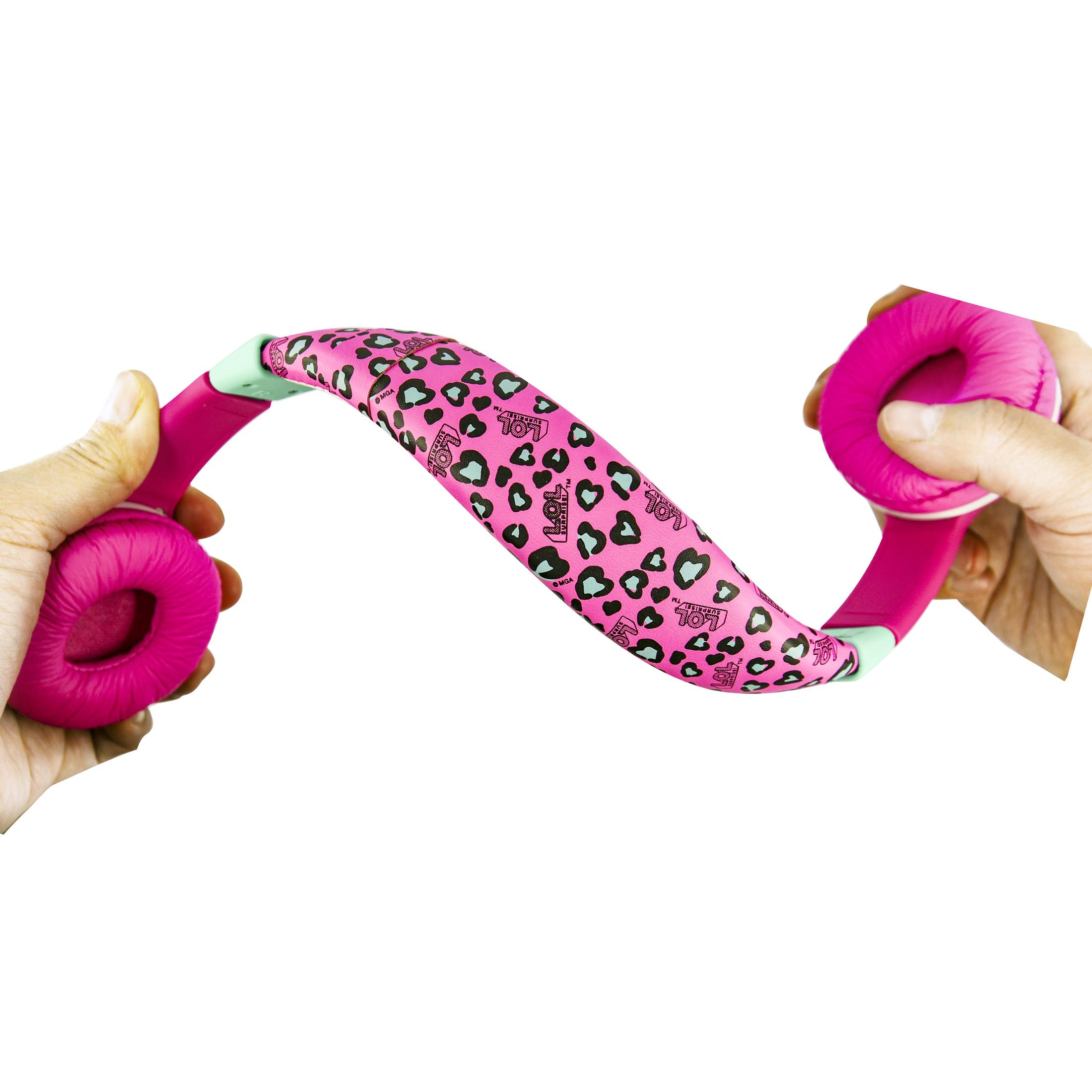 Rosa Kopfhörer. Das Stirnband ist rosa mit schwarz-weißem Leopardenmuster und mintgrünen Akzenten.