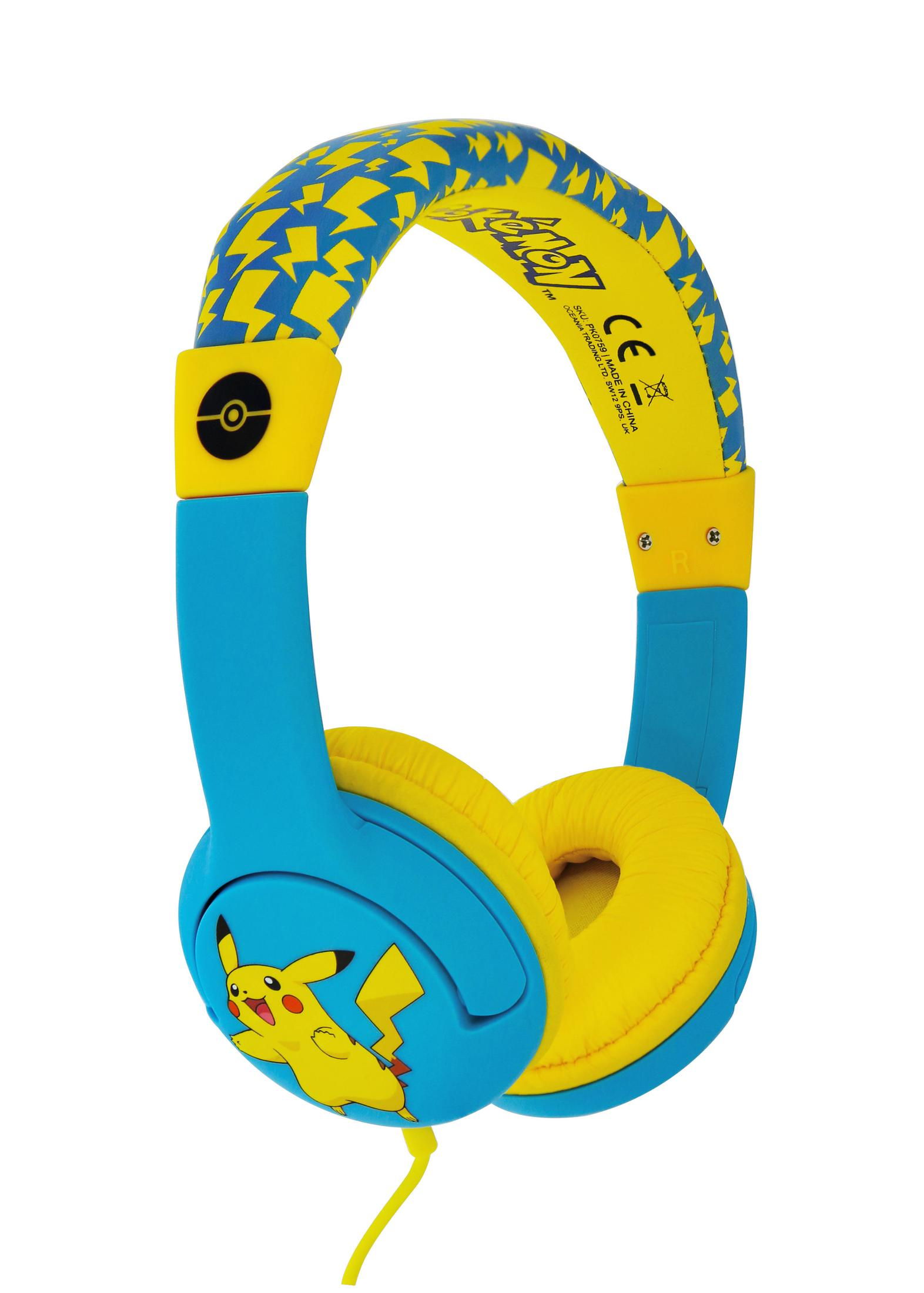 Blaue und gelbe Pikachu-Kopfhörer. Die Kopfhörer haben ein Pikachu-Design an den Seiten.