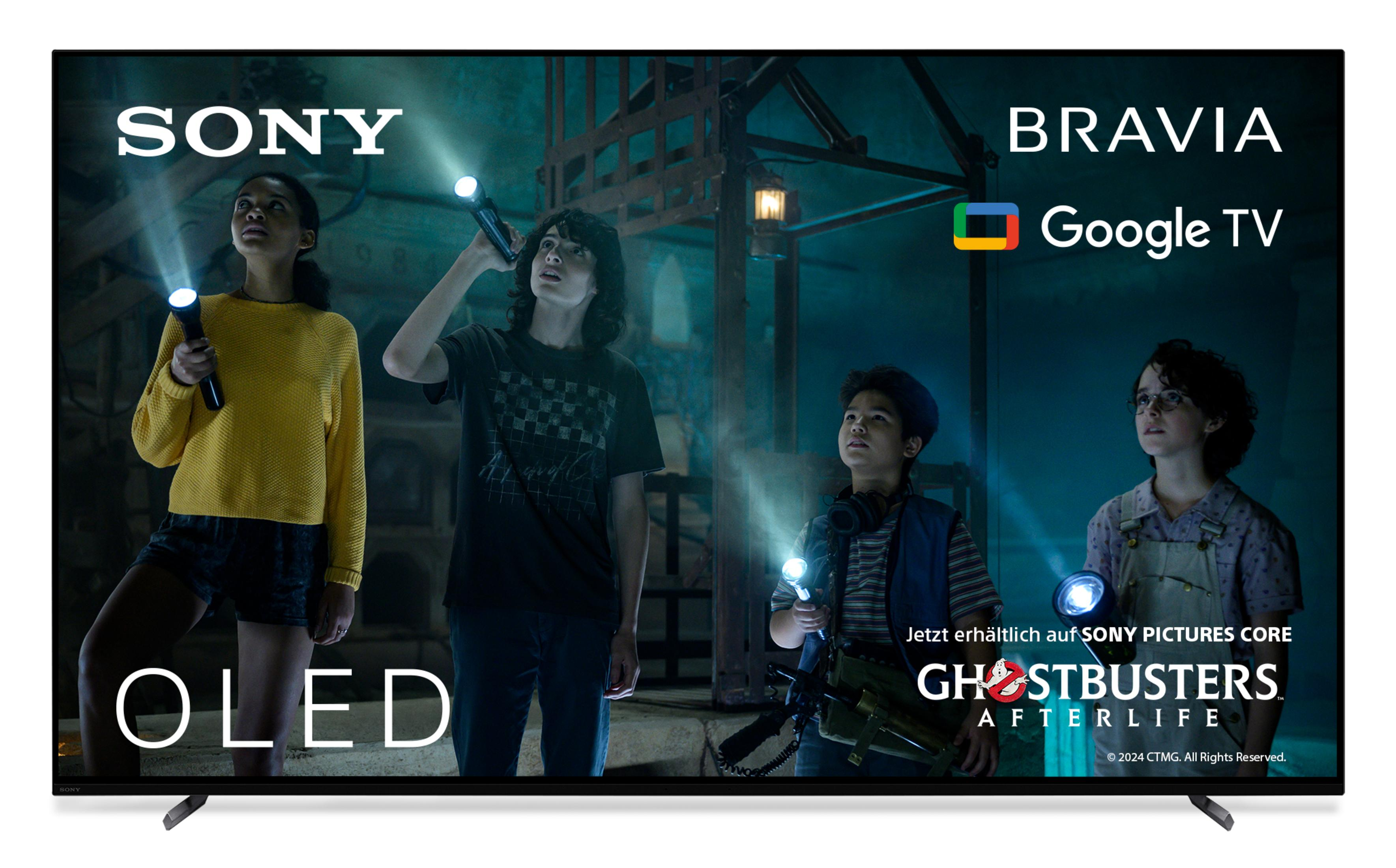 TV con Ghostbusters Afterlife, loghi SONY, BRAVIA, Google TV.
