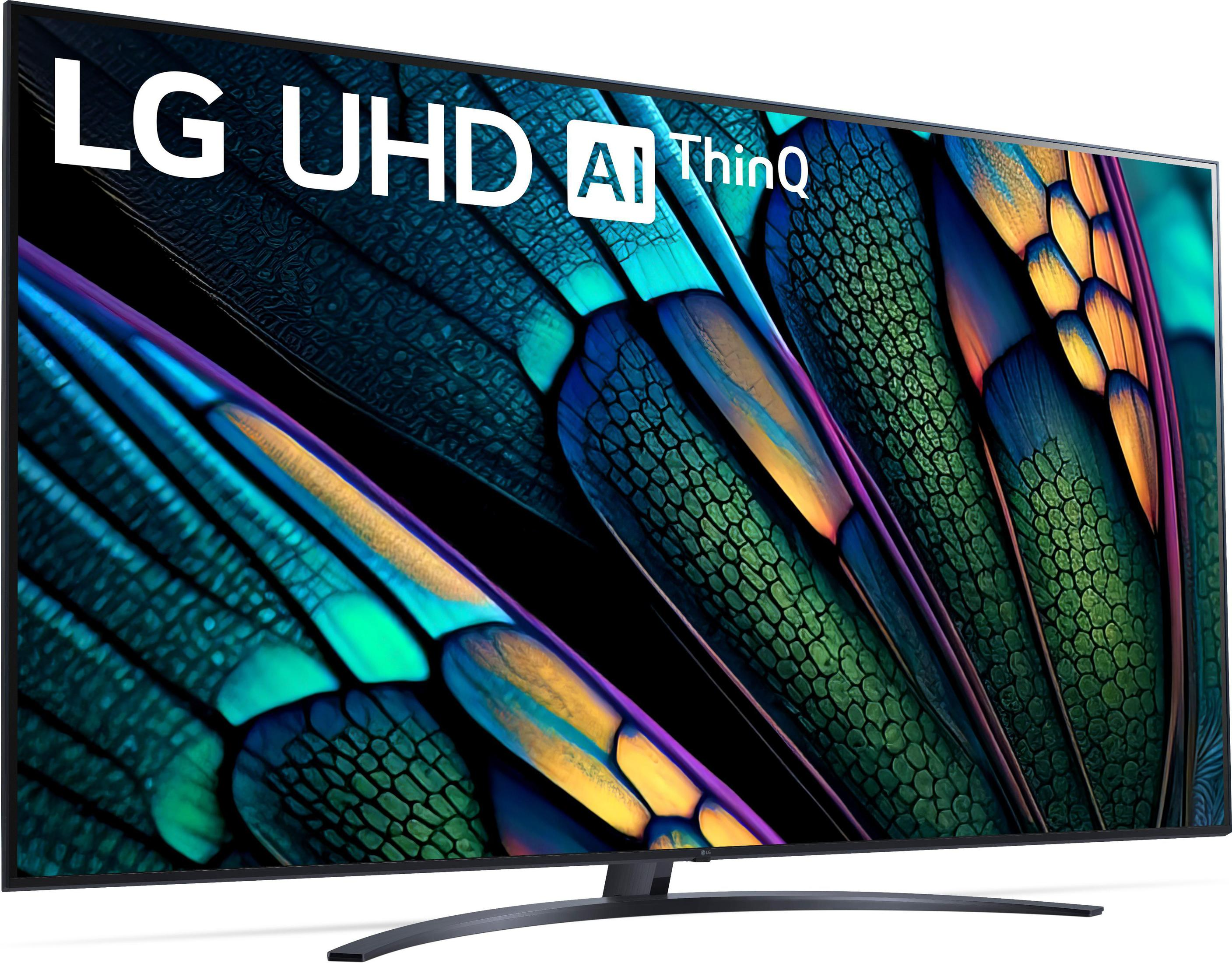 Telewizor LG UHD AI ThinQ z zakrzywioną podstawą, ekran wyświetla kolorowy, abstrakcyjny wzór.