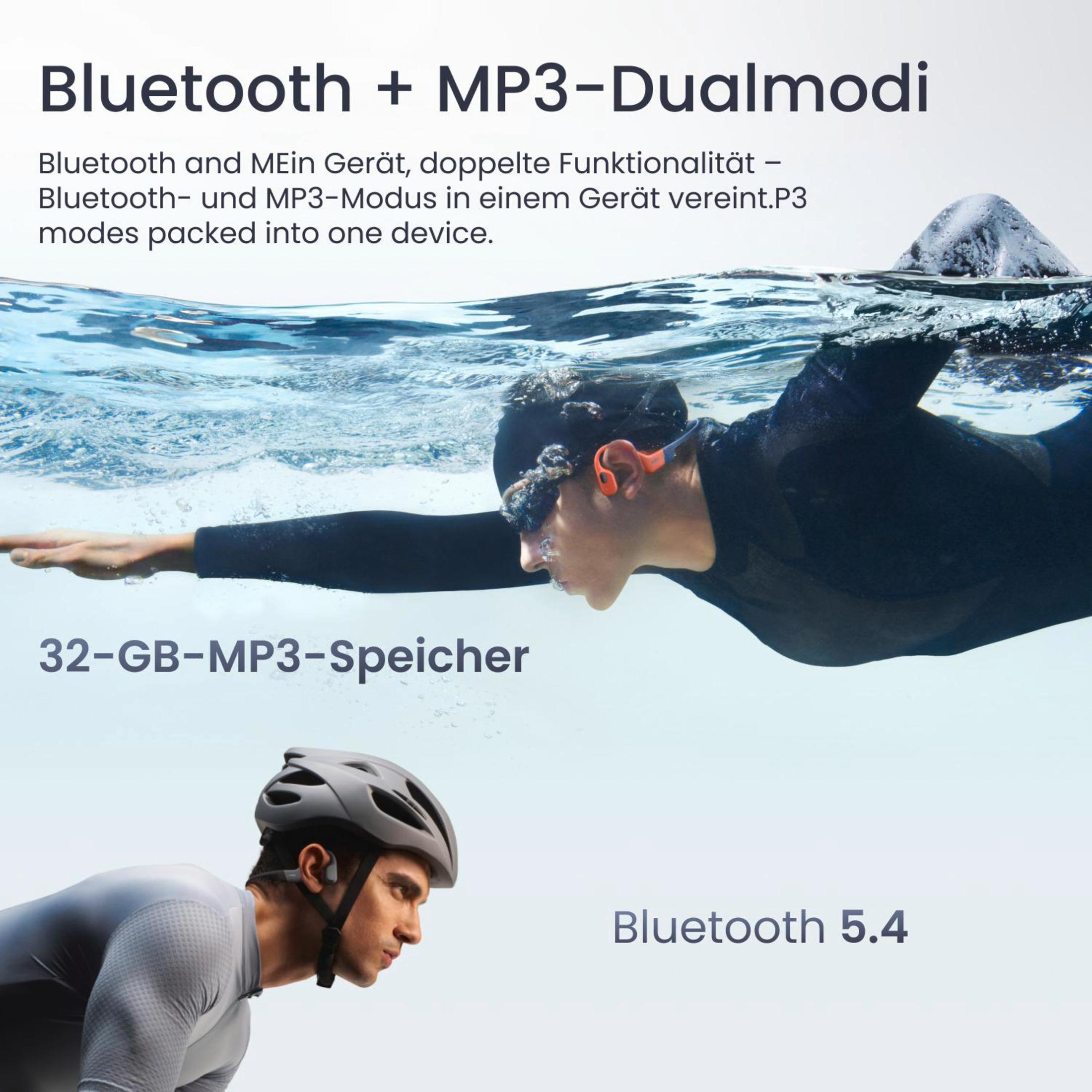 Zdjęcie z pływakiem, rowerzystą i tekstem o Bluetooth i MP3.