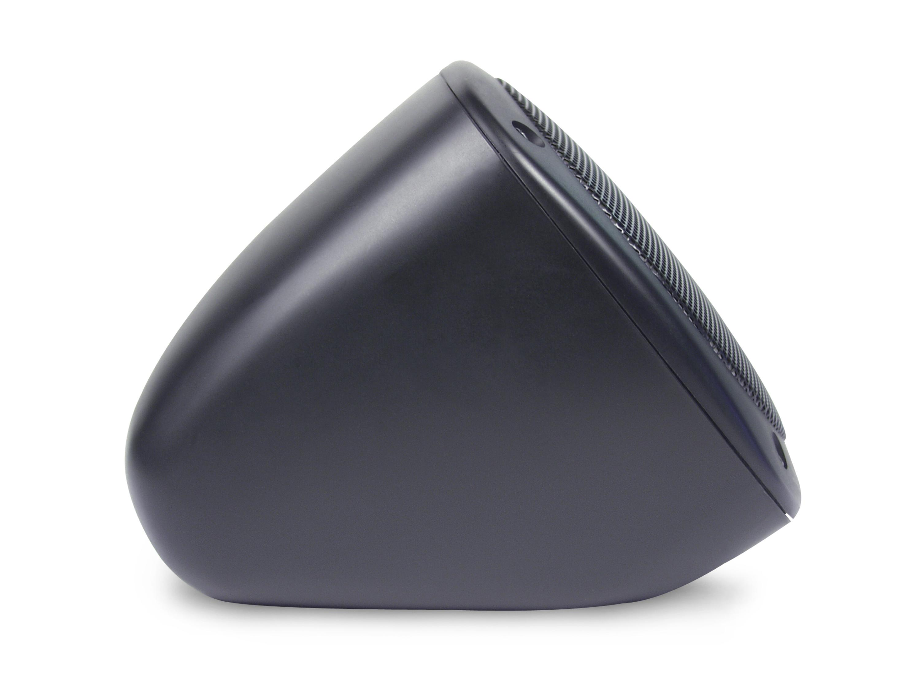 A black speaker with a mesh front, angled, set against a white background.