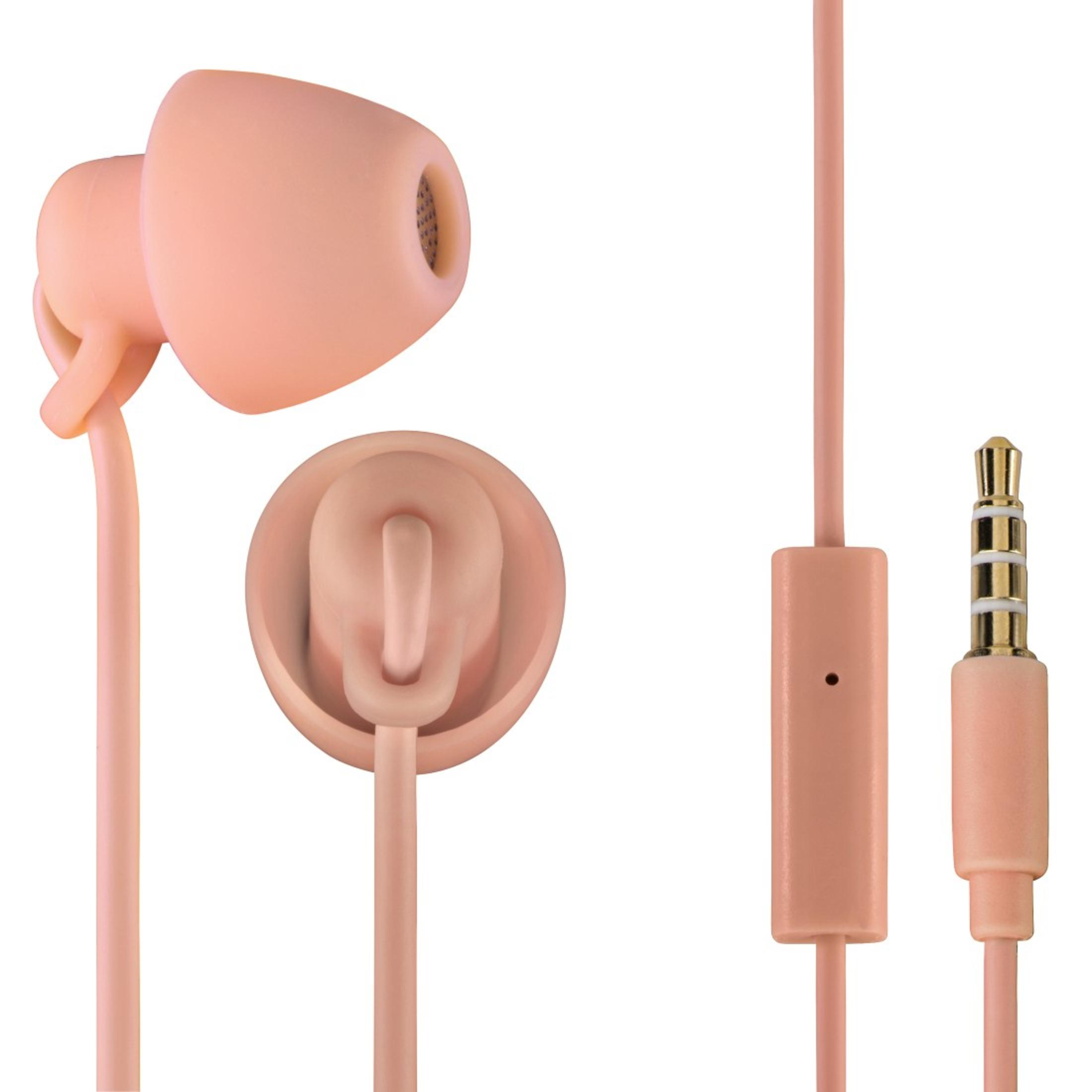 Roze oortelefoons. De afbeelding toont de oortelefoons, de knop en de connector.