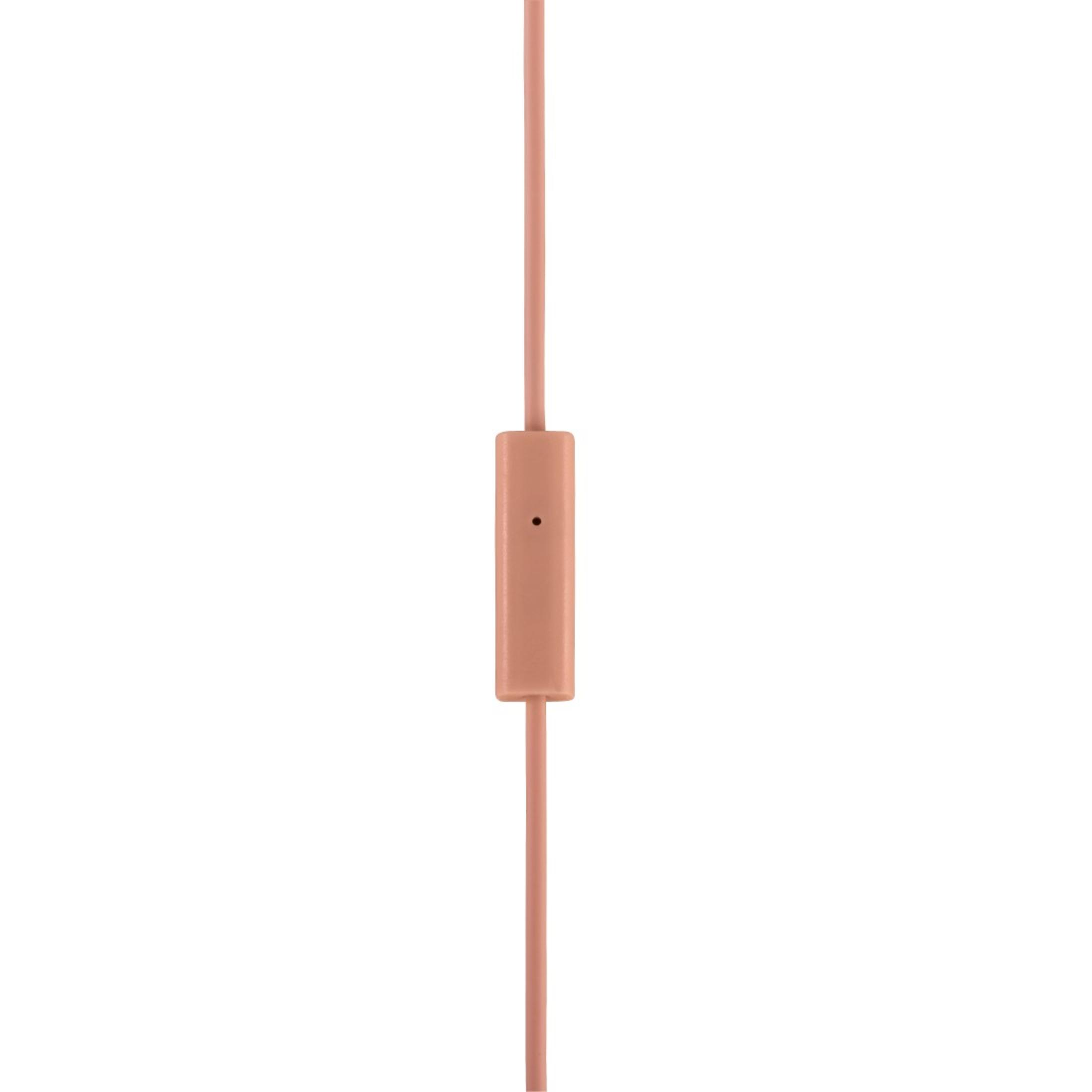 Close-up van een rode koptelefoonkabel met een bedieningseenheid.