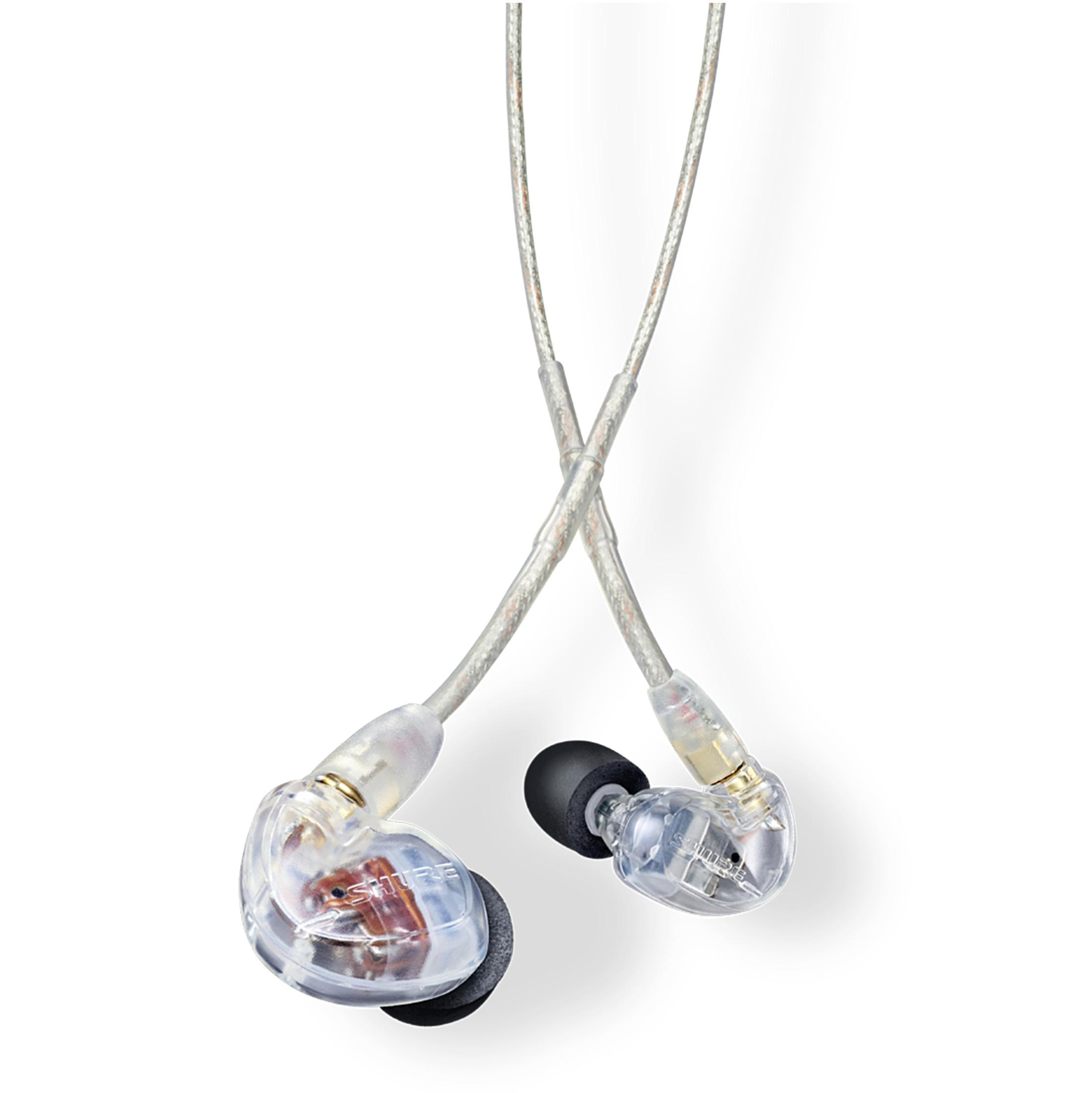 Auricolari in-ear trasparenti con cavi argentati. Gli auricolari sono su sfondo bianco.