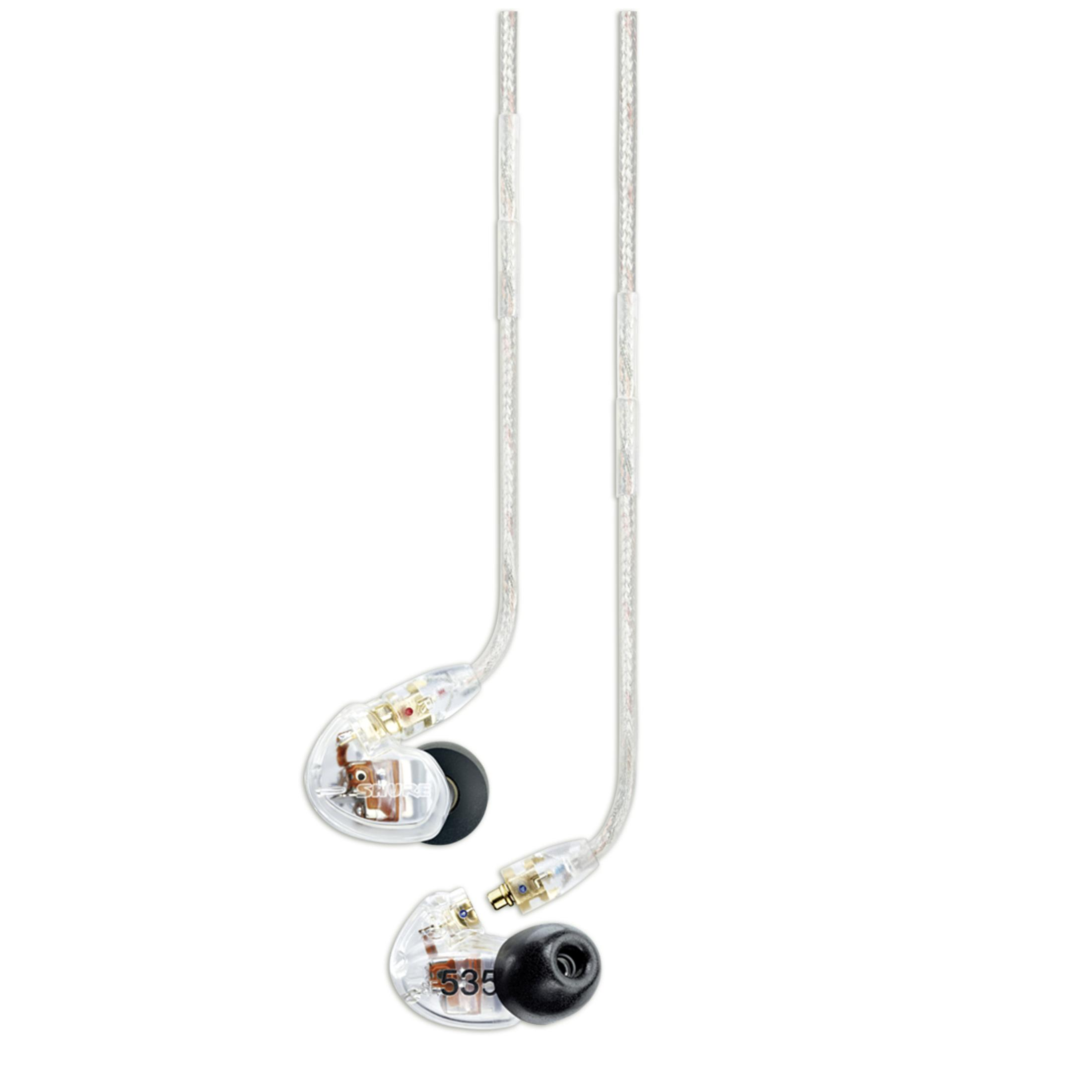 Due auricolari trasparenti con fili trasparenti, sfondo bianco.