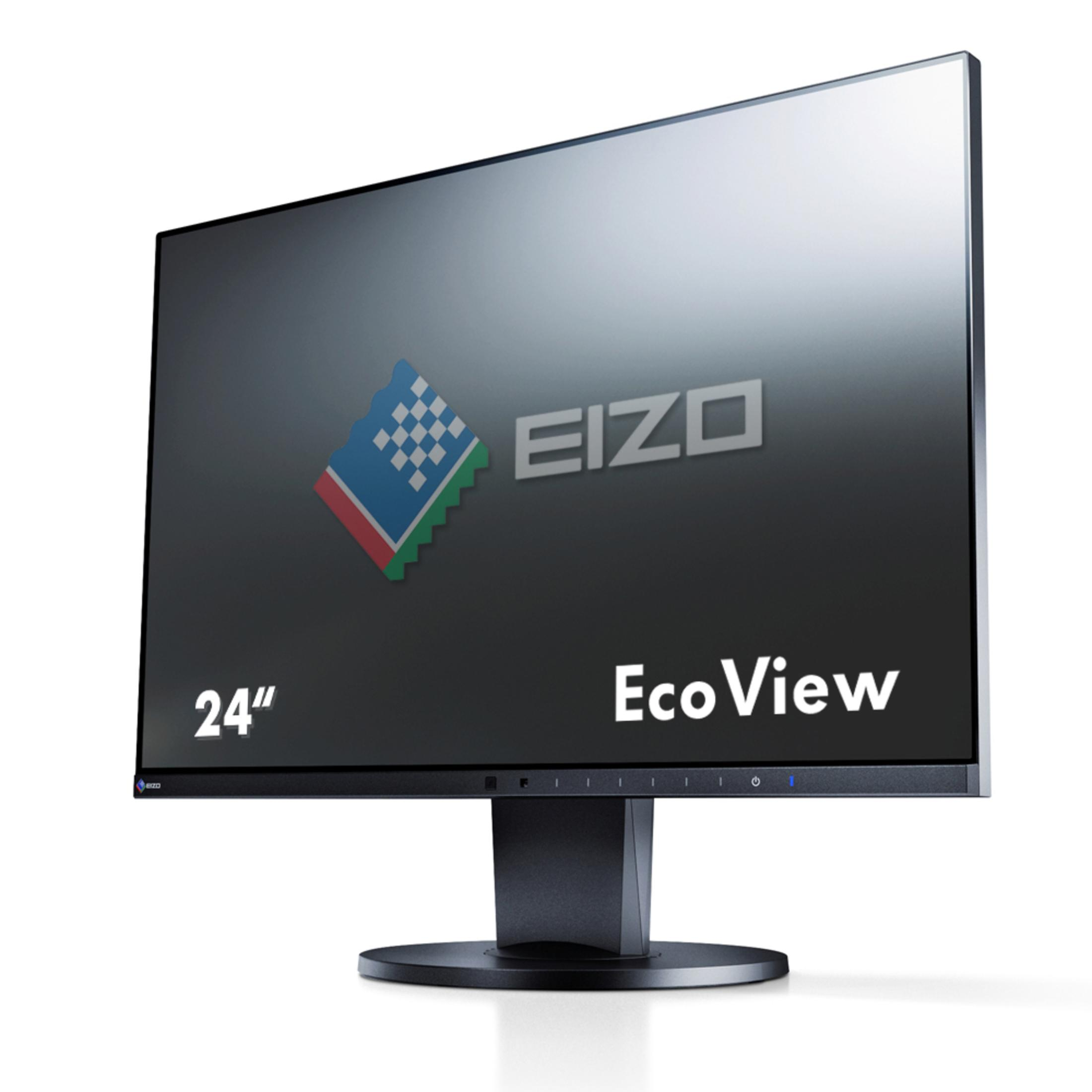 24-Zoll-EIZO EcoView Monitor. Der Bildschirm zeigt einen dunklen Farbverlauf mit dem EIZO-Logo.