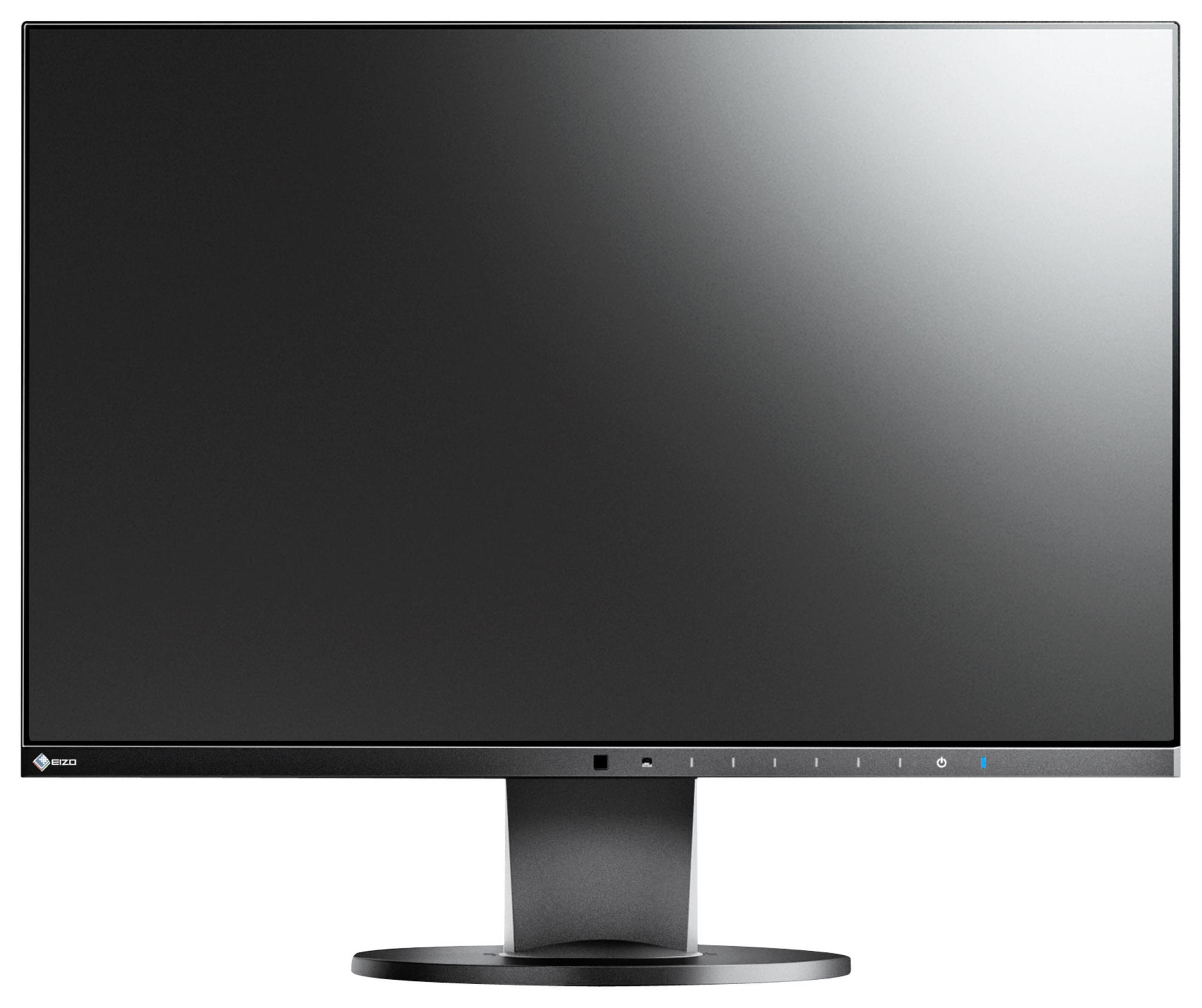 Schwarzer Computermonitor, Vorderansicht, schwarzer Rahmen, auf einem Ständer.