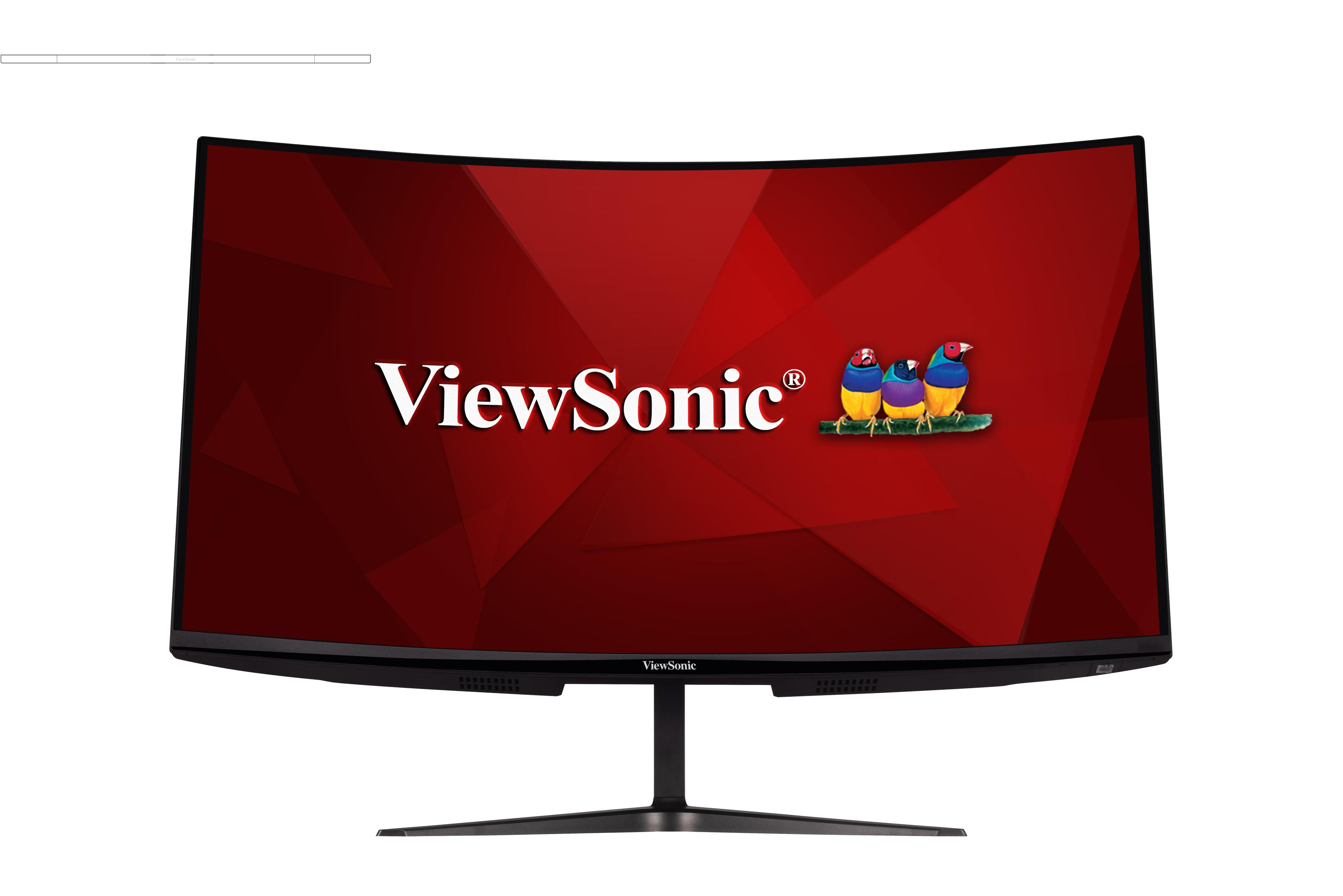 Ein geschwungener ViewSonic-Monitor mit rotem Hintergrund und einem Logo mit Vögeln.