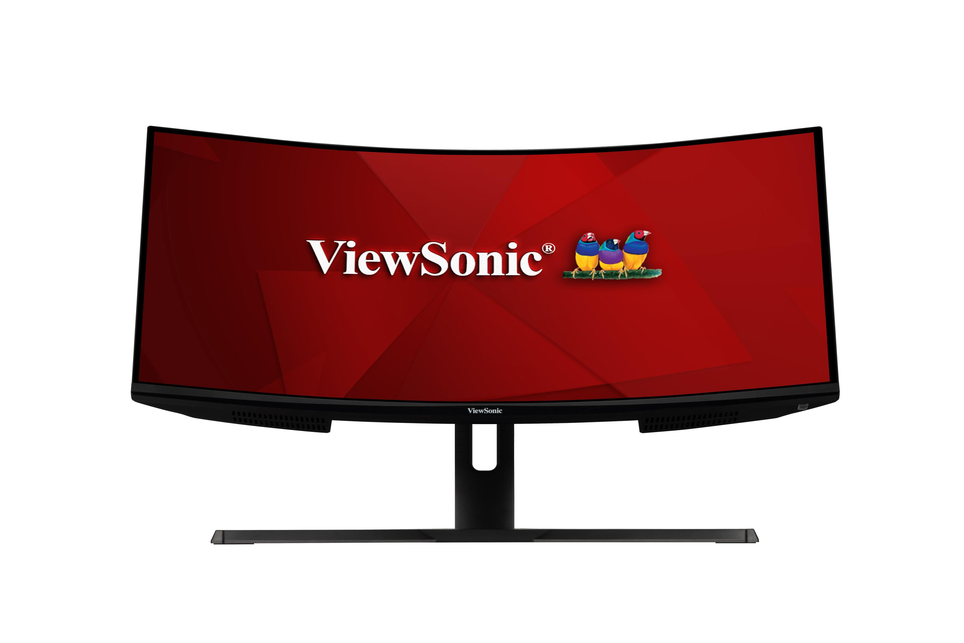 Zakrzywiony monitor ViewSonic. Czerwone tło, logo ViewSonic i trzy ptaki.