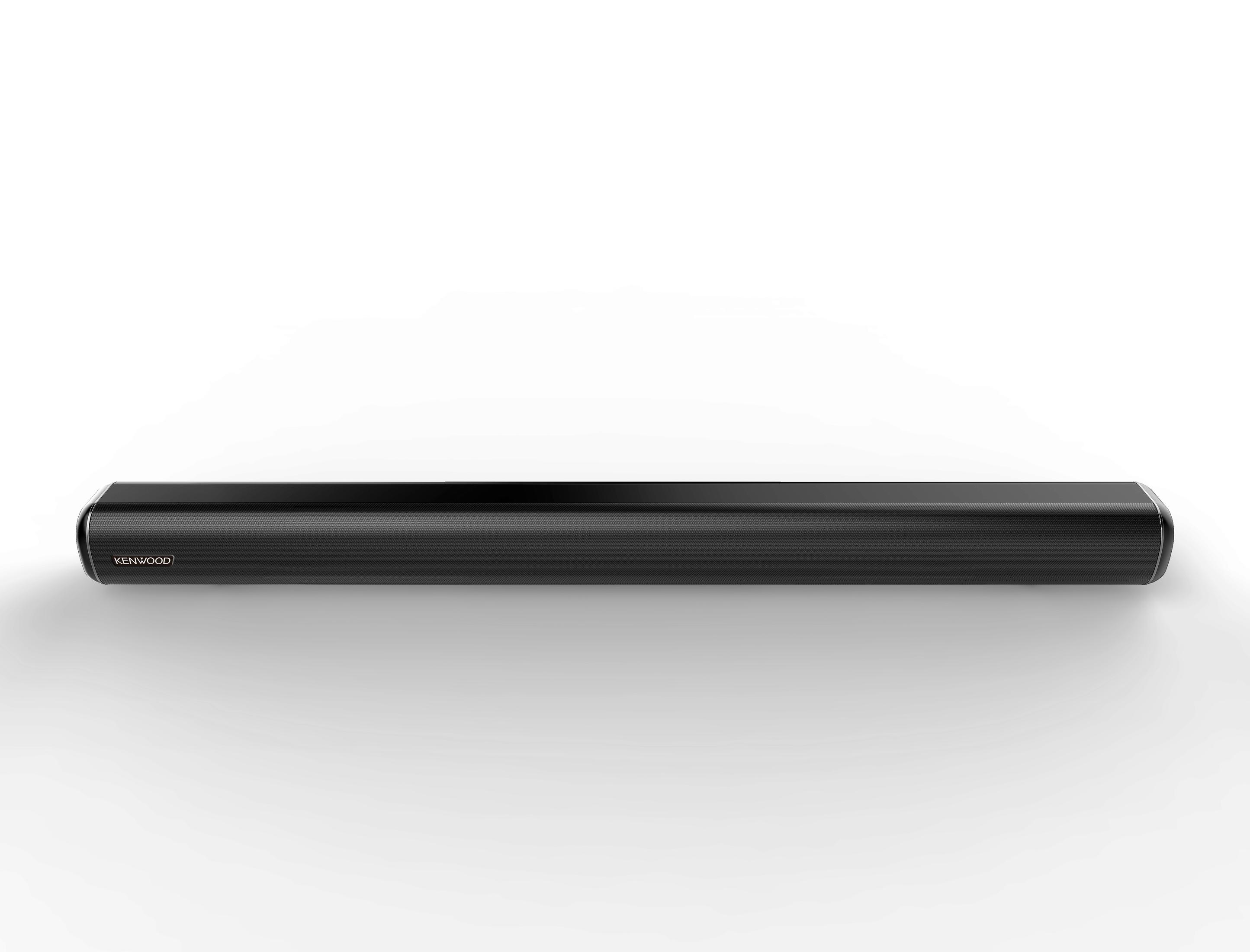 Soundbar Kenwood nera su sfondo bianco. Il marchio è visibile.