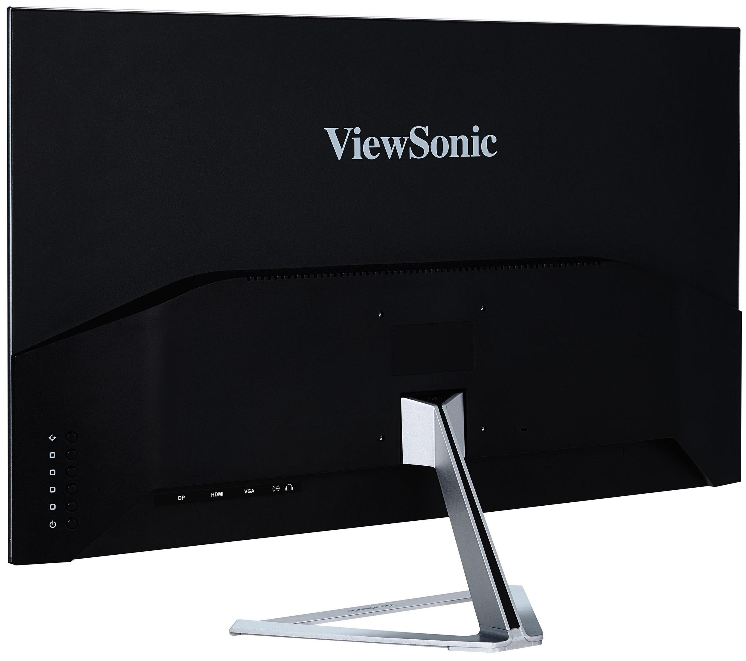Tył czarnego monitora komputerowego ViewSonic ze srebrną podstawką.