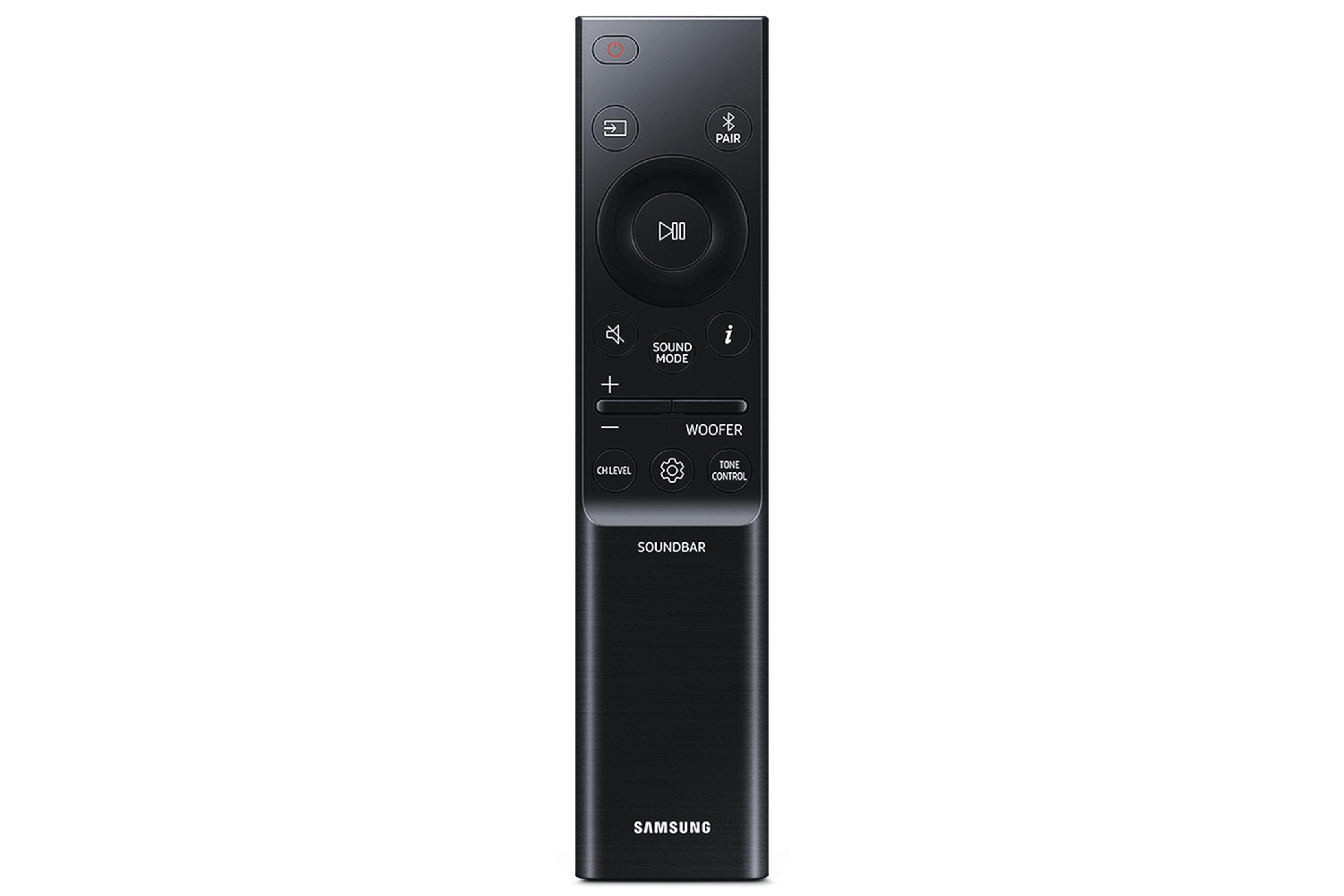 Schwarze Soundbar-Fernbedienung mit Tasten. Enthält Lautstärke, Soundmodus und andere Bedienelemente.