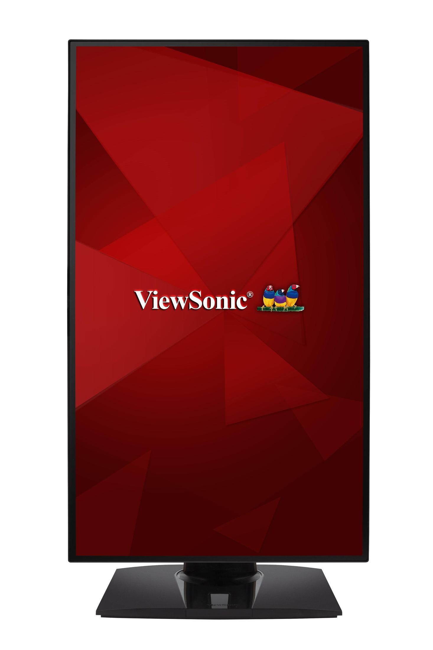 Monitor ViewSonic wyświetla czerwone tło z białym logo i tekstem. Ekran jest wysoki i cienki.