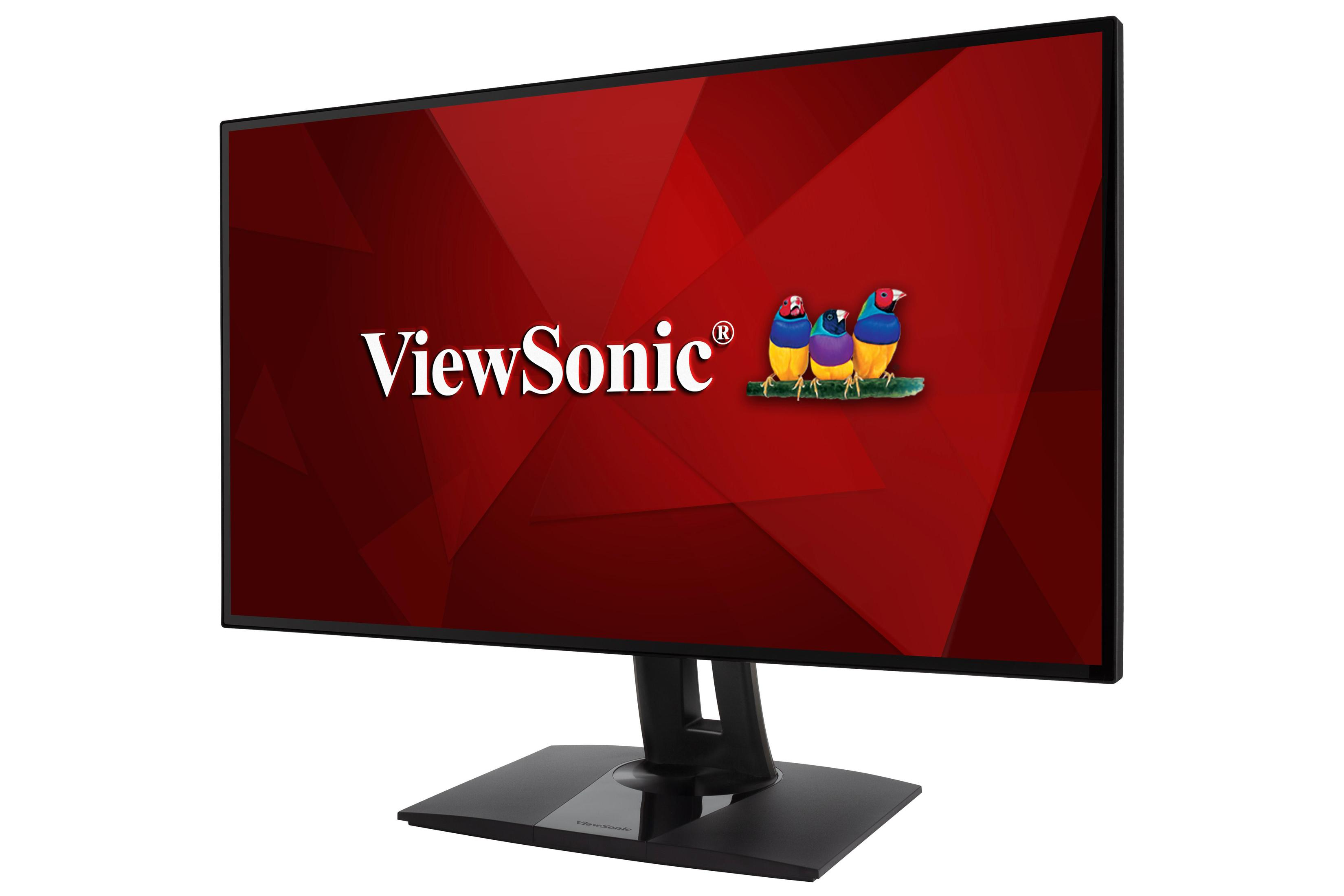 Monitor ViewSonic z czerwonym tłem i logo firmy.