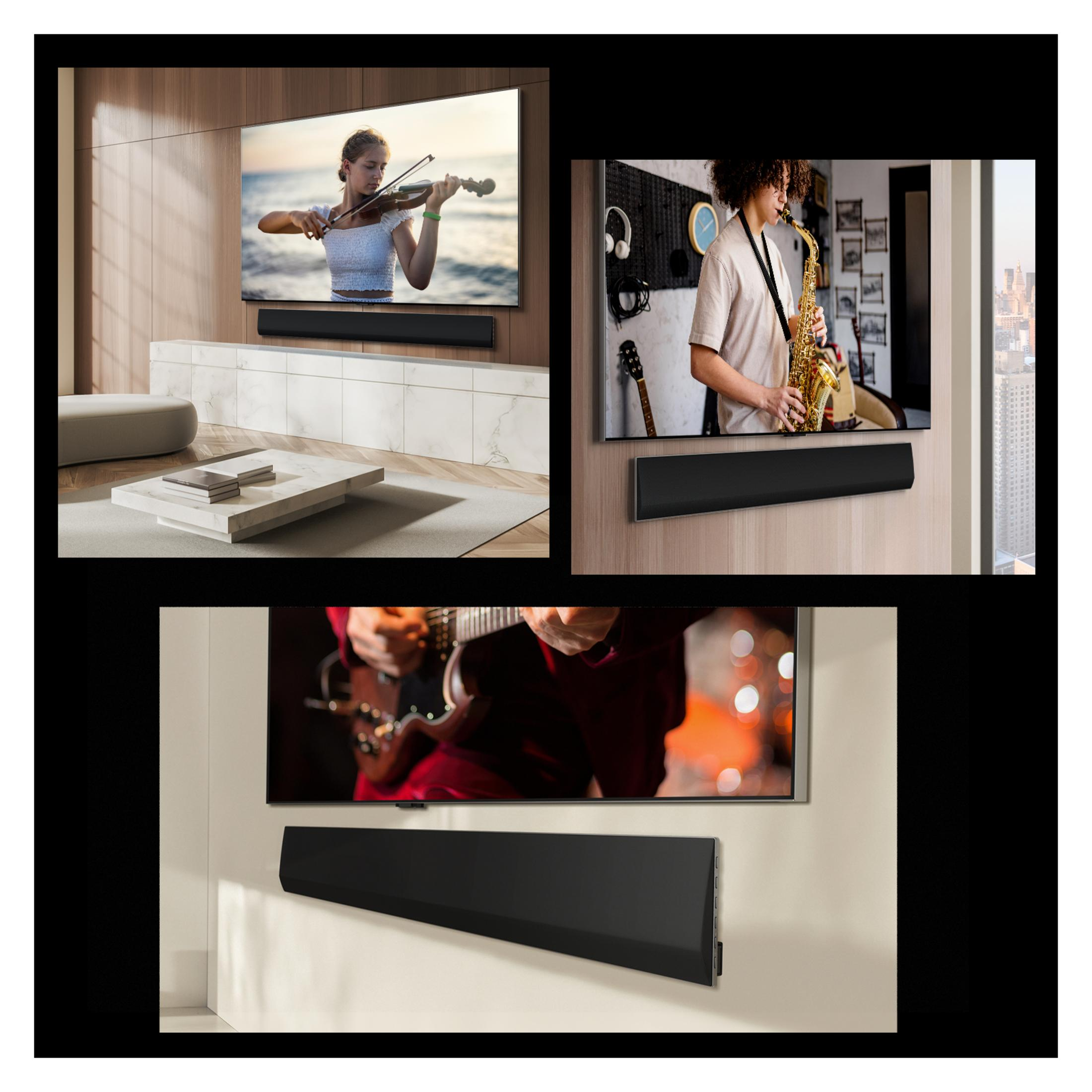 Trzy obrazy soundbarów na telewizorach. Osoba gra na skrzypcach i saksofonie.