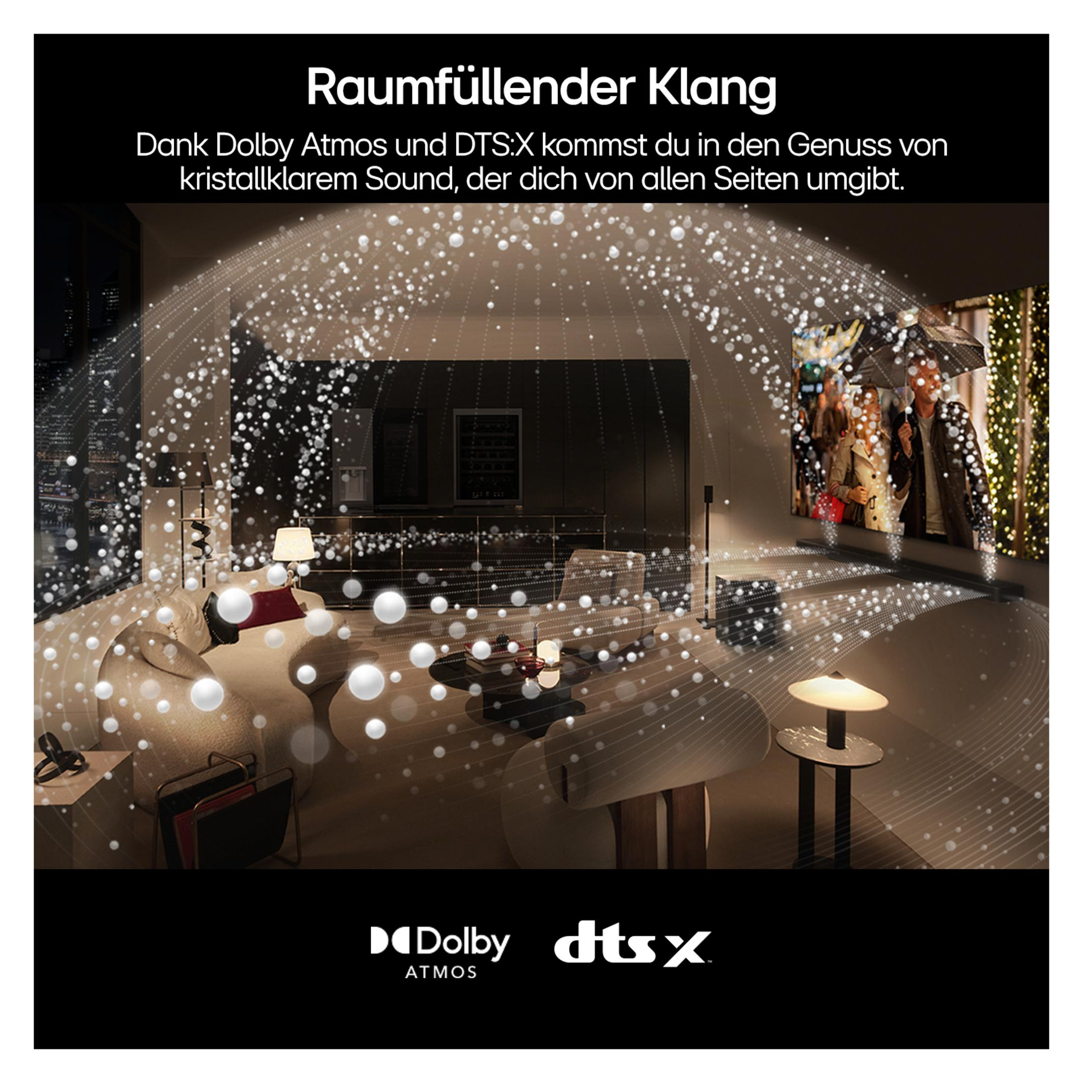 Salon avec visualisation d'ondes sonores, texte sur la qualité sonore, logos.