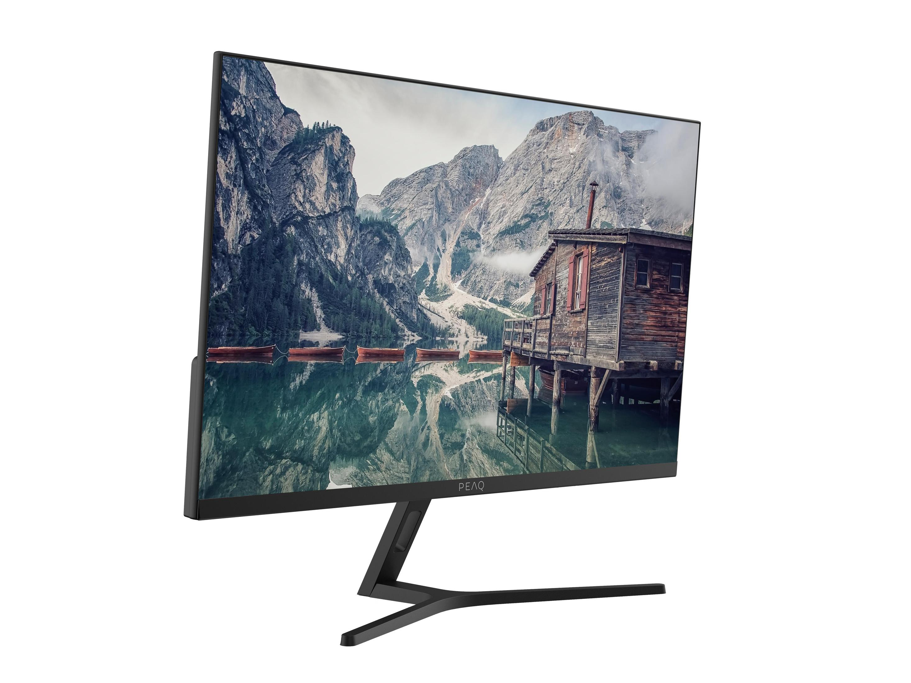 Computermonitor mit Berg- und Seeszene, schwarzer Ständer und Rahmen.