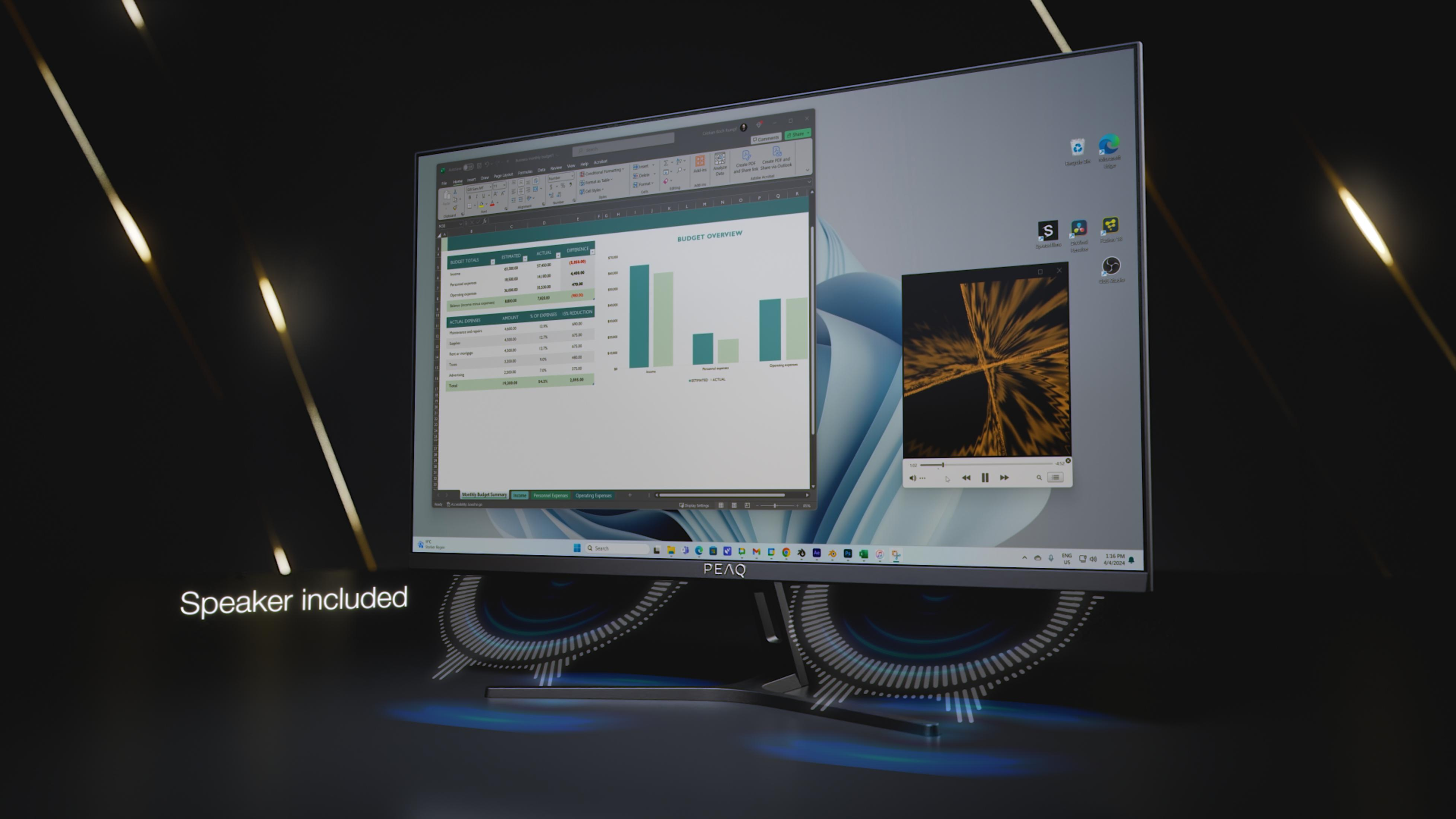 Computermonitor mit Tabellenkalkulationen, Videos. Futuristisches Design. Lautsprecher inklusive.