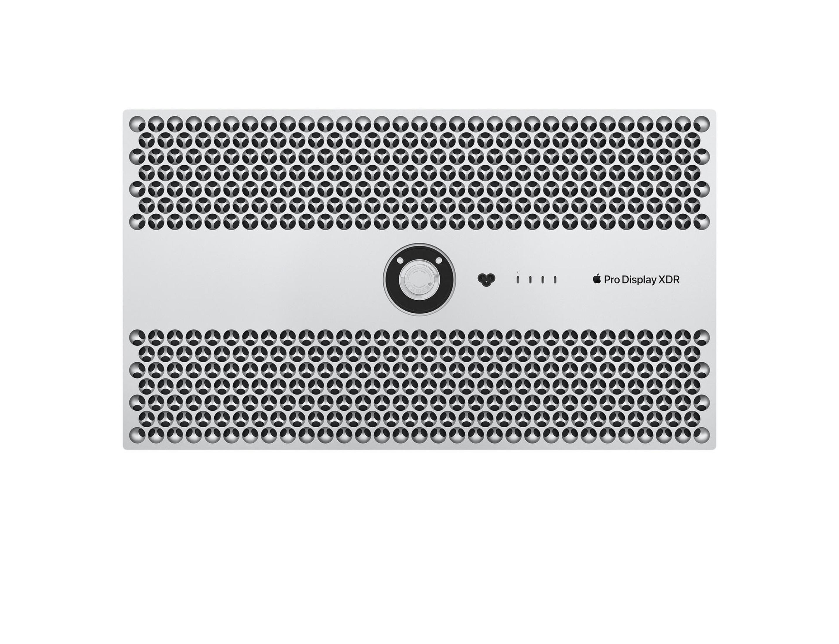 Ein silbernes Computerbauteil mit schwarzen Perforationen und dem Text 'Pro Display XDR'.