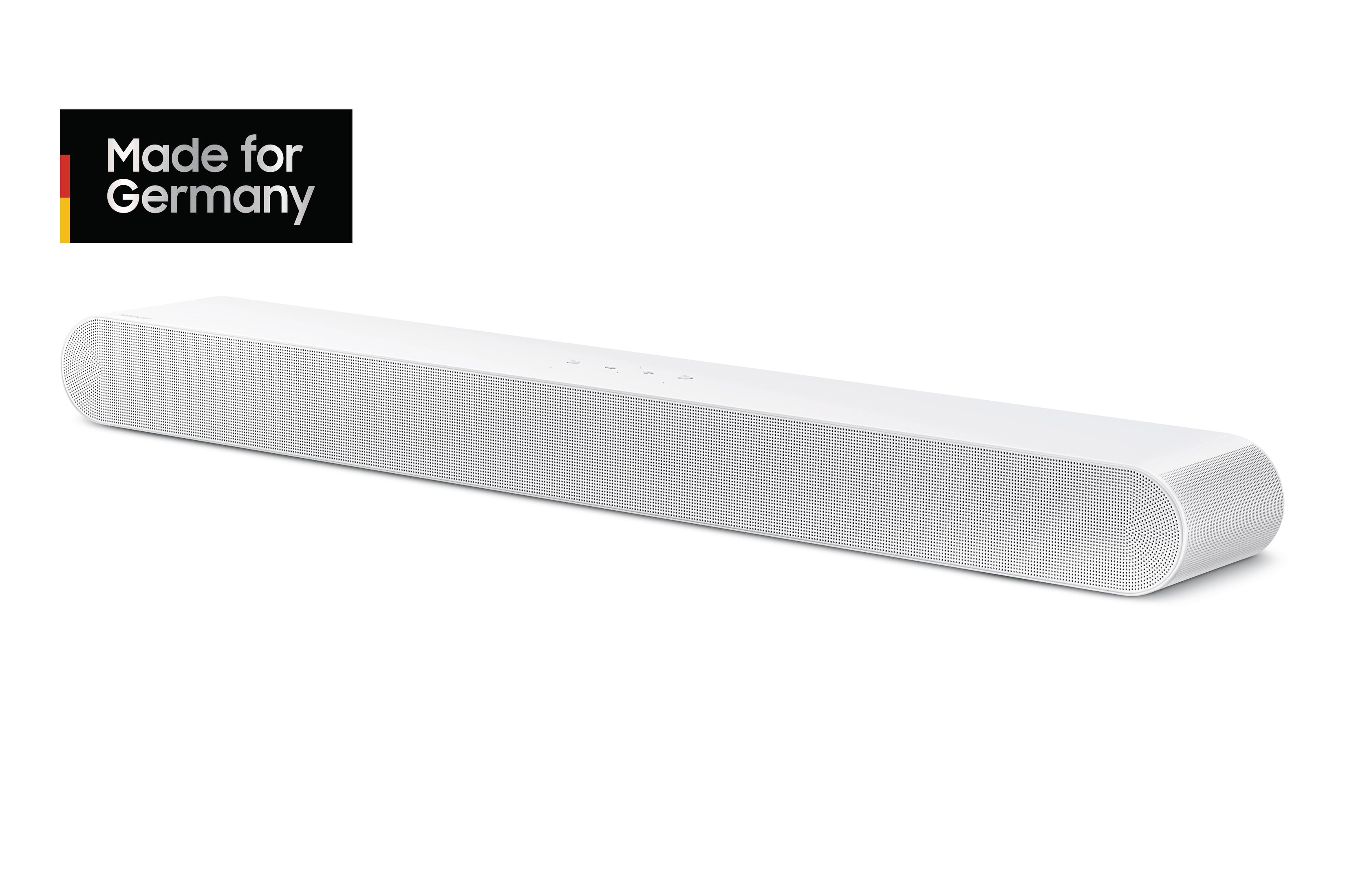 Weißer Soundbar mit abgerundeten Kanten auf weißem Hintergrund. Text Made for Germany sichtbar.