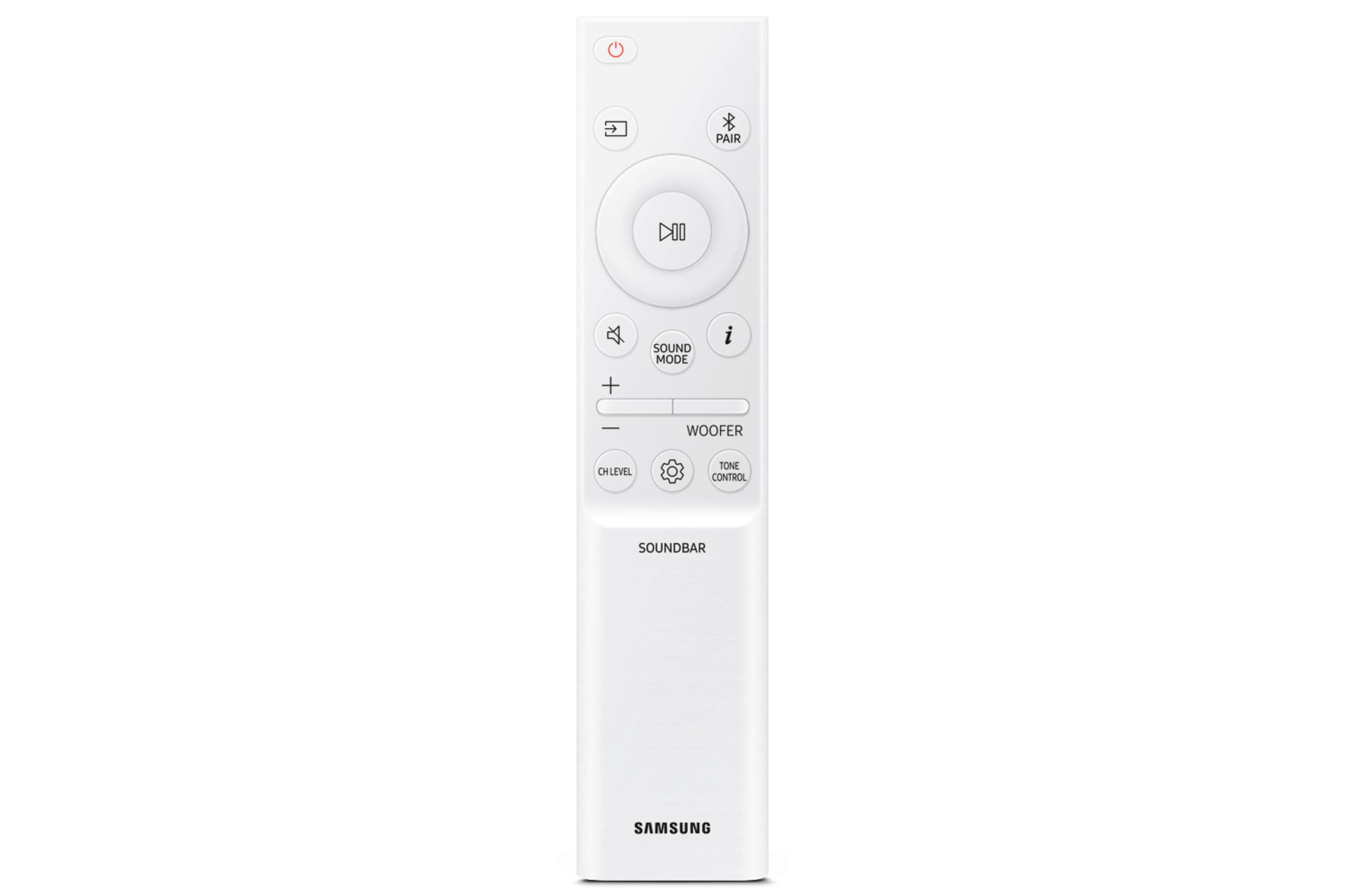 Eine weiße Soundbar-Fernbedienung. Sie hat Tasten für Strom, Soundmodus, Lautstärke und andere Funktionen.