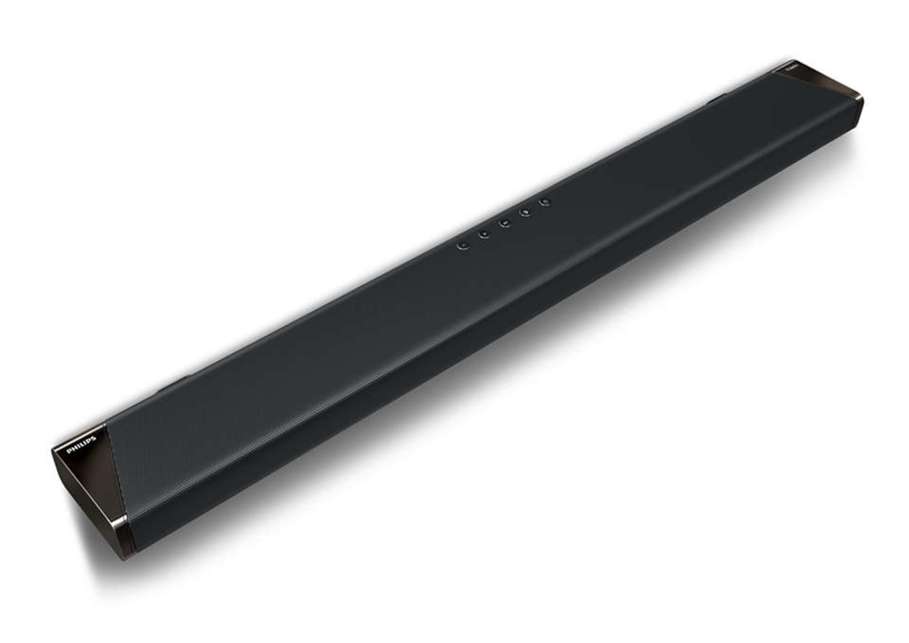 Schwarze Soundbar, abgewinkelt, mit Knöpfen oben. Weißer Hintergrund, Draufsicht.