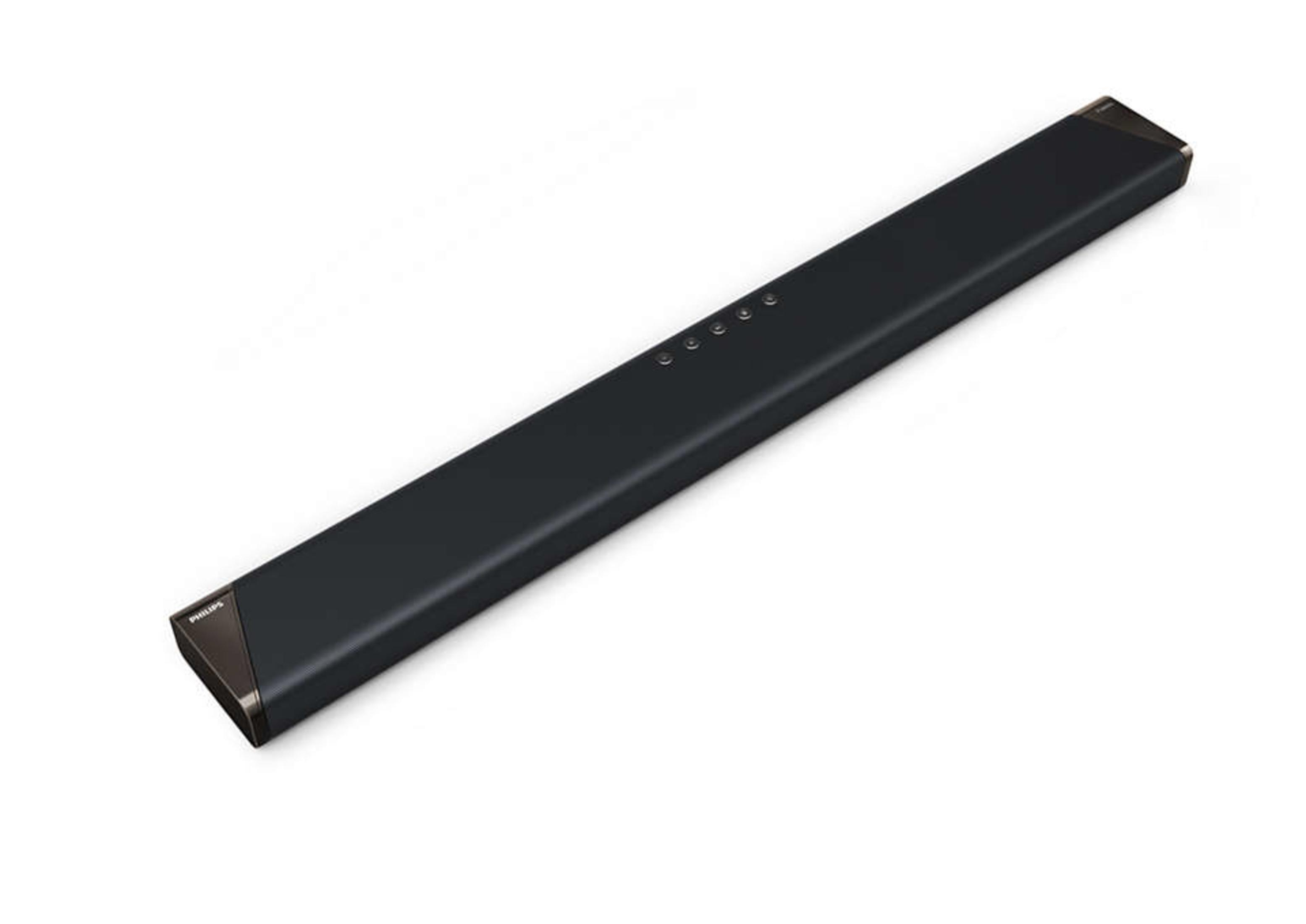 Eine schwarze Philips Soundbar auf weißer Oberfläche. Es hat ein schlankes, modernes Design.