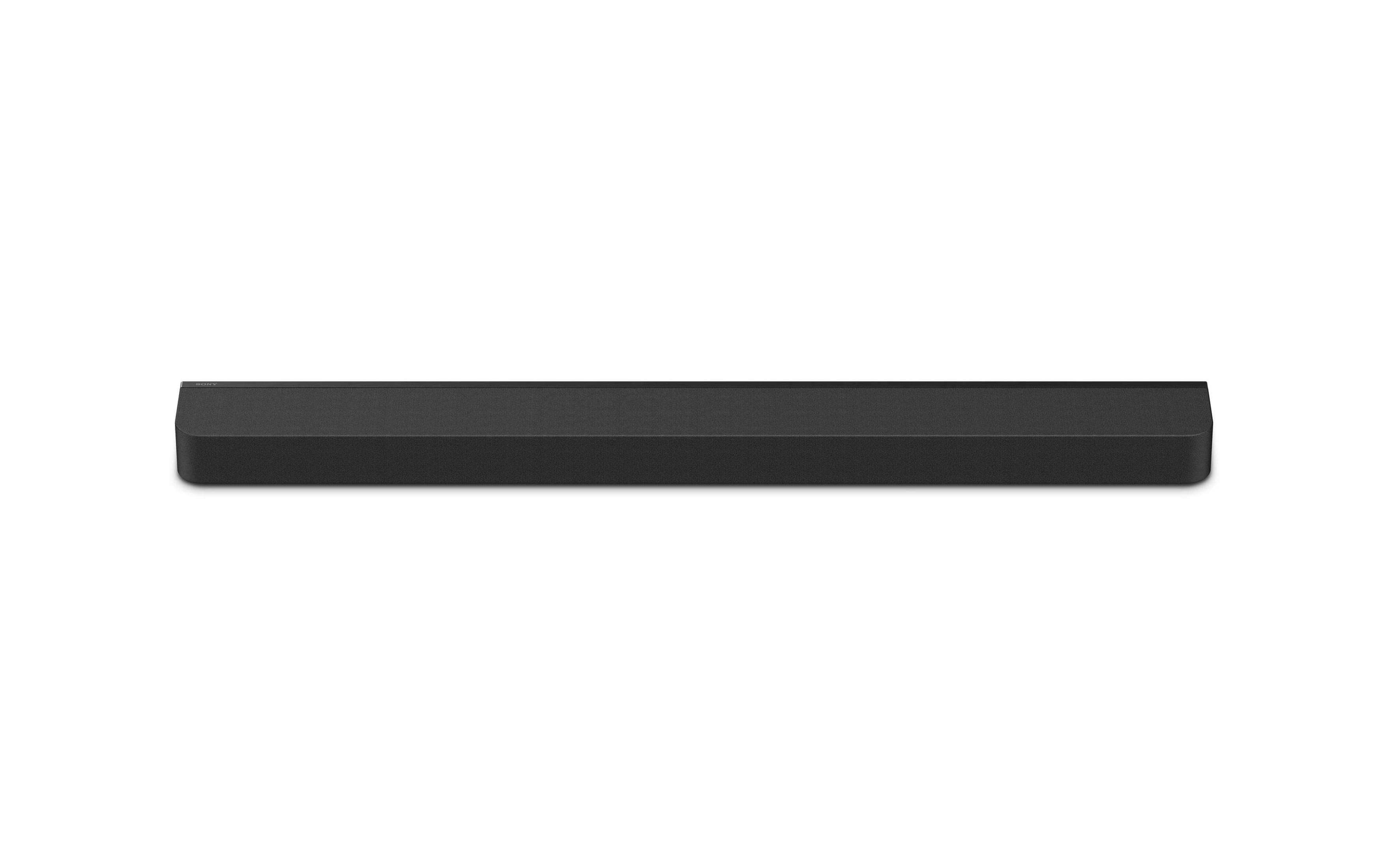 Schwarzer Soundbar-Lautsprecher mit rechteckiger Form, auf weißem Hintergrund platziert.