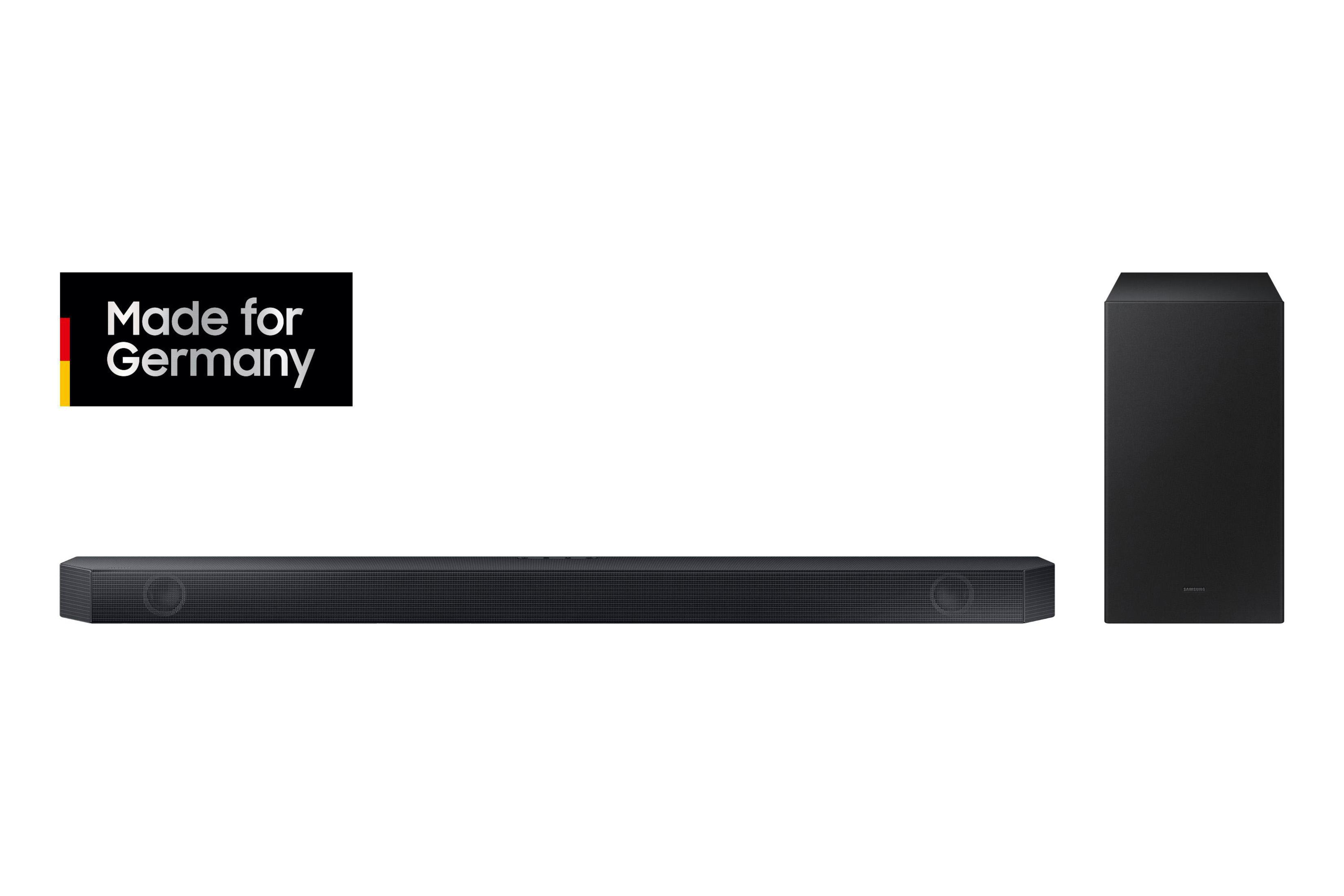 Schwarze Soundbar und Subwoofer. Weißer Hintergrund. Made for Germany Logo.