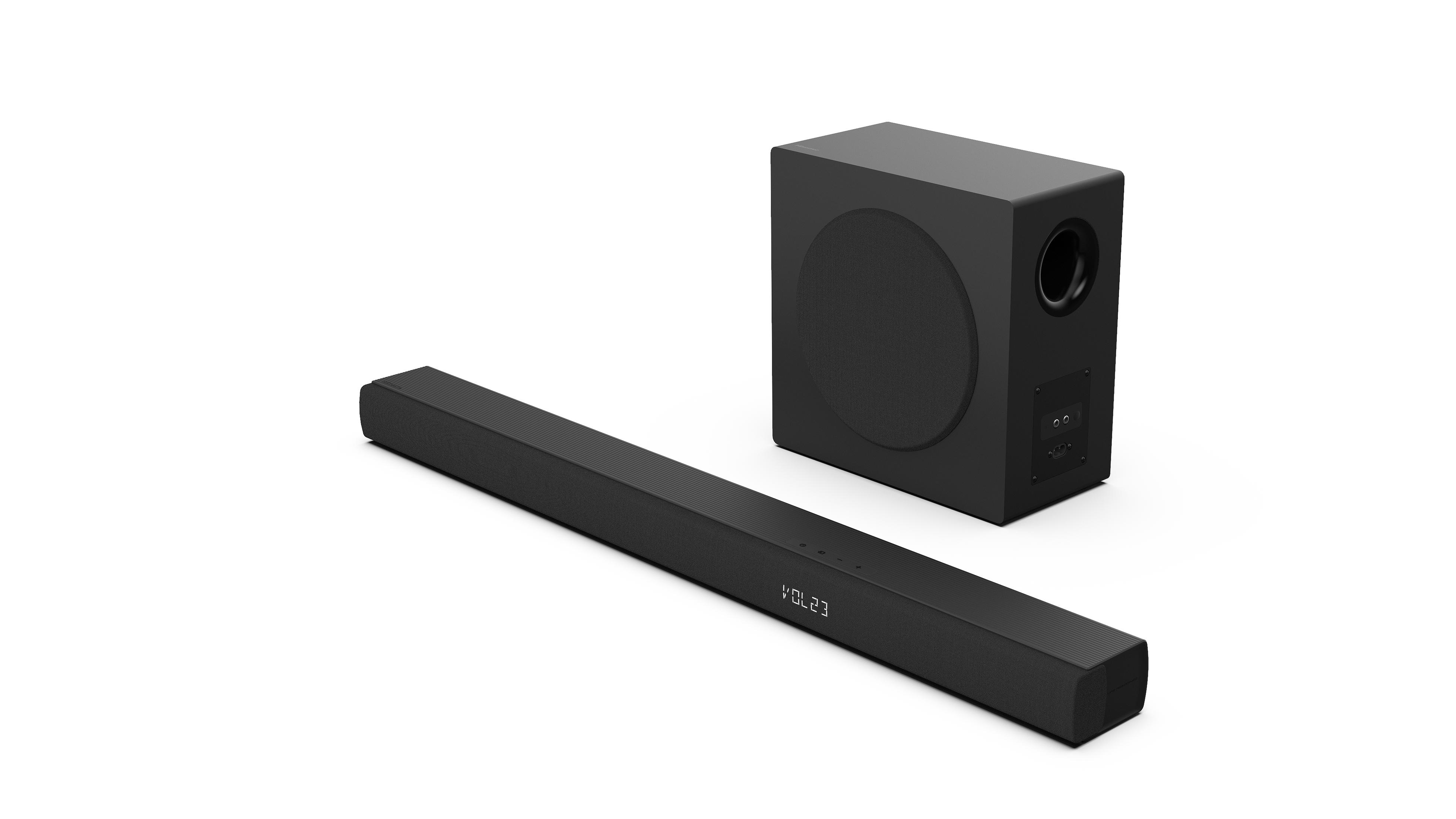 Czarny zestaw soundbar i subwoofer. Soundbar jest prostokątny. Białe tło.