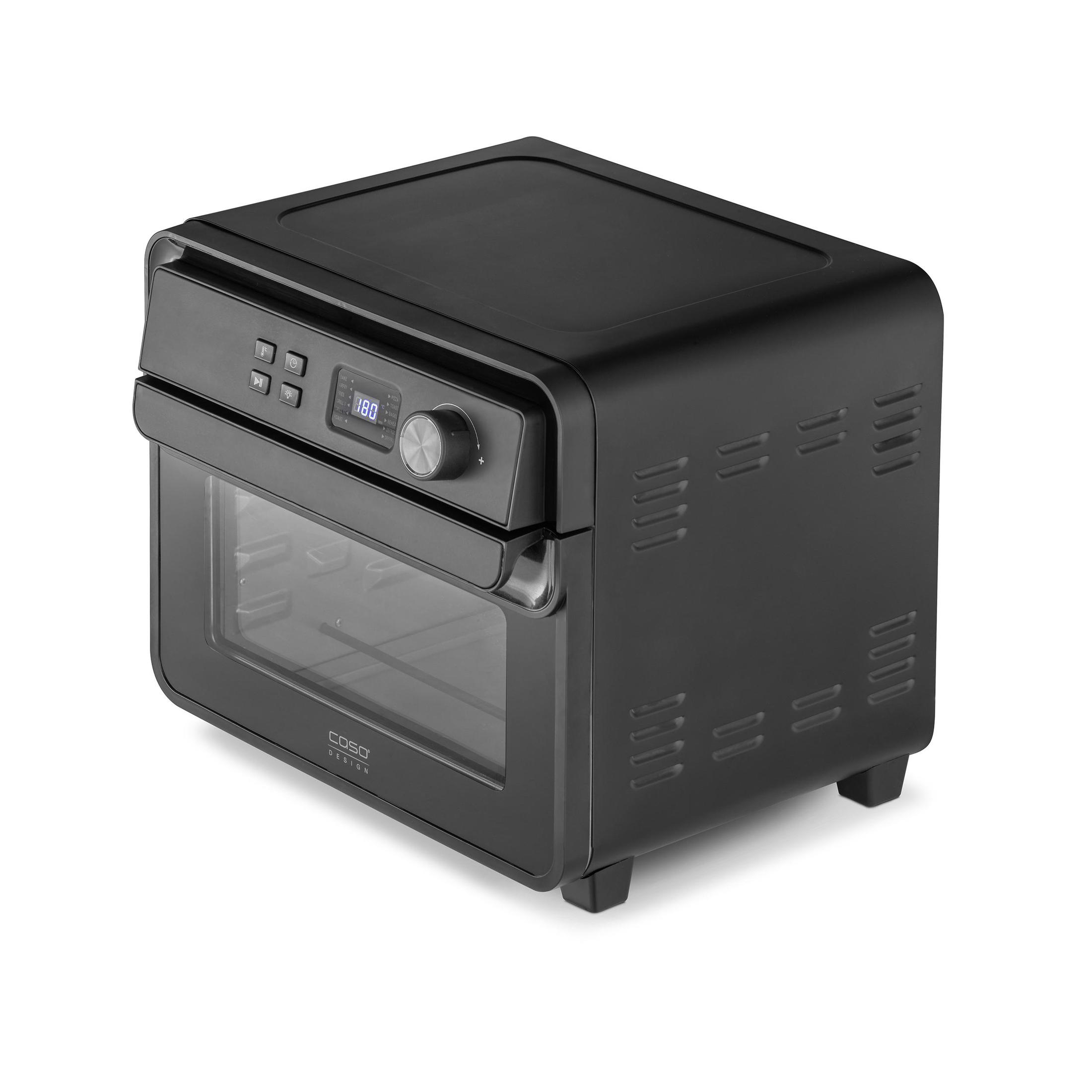 Una friggitrice ad aria Caso nera con display digitale. Ha una porta a vetro e prese d'aria laterali. Su sfondo bianco.