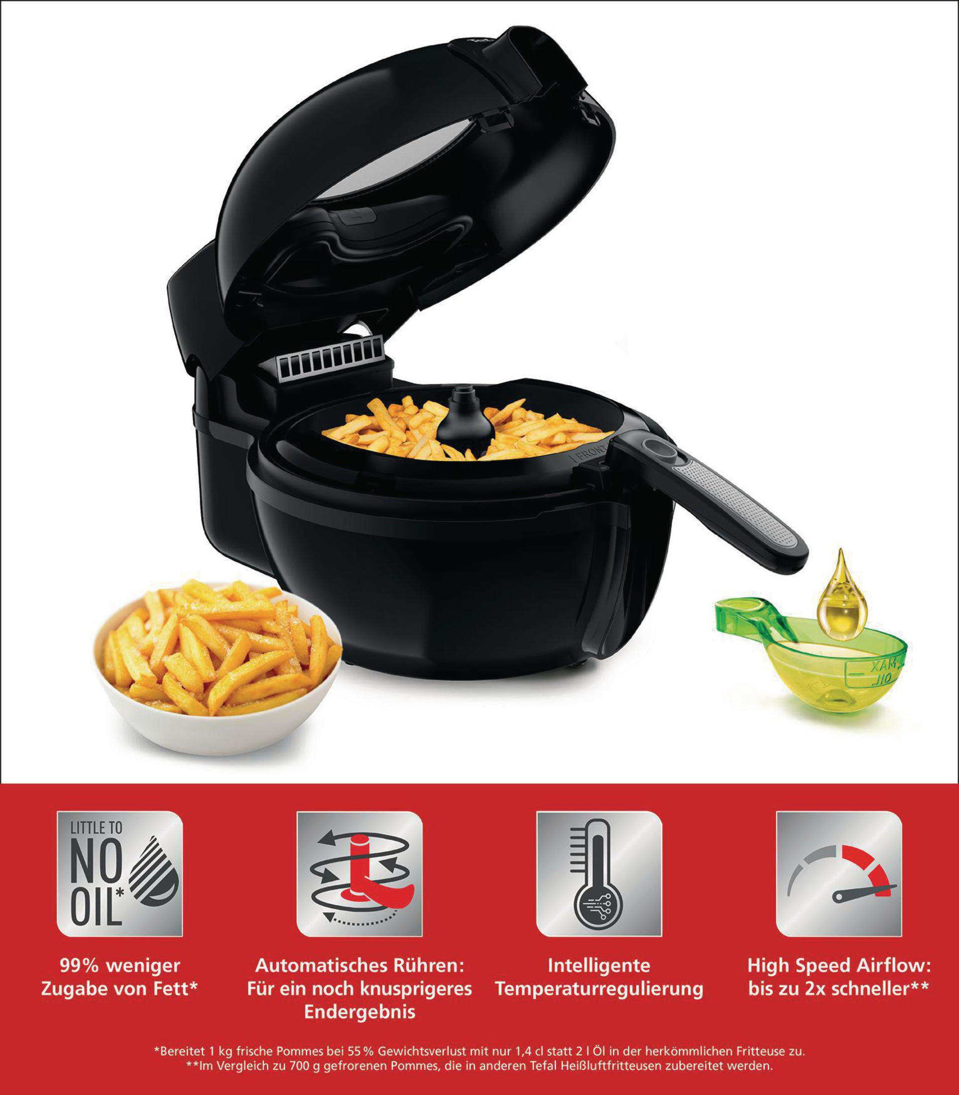 Czarna frytkownica beztłuszczowa z otwartą pokrywą, pokazująca frytki. Widoczne etykiety informacyjne o funkcjach.