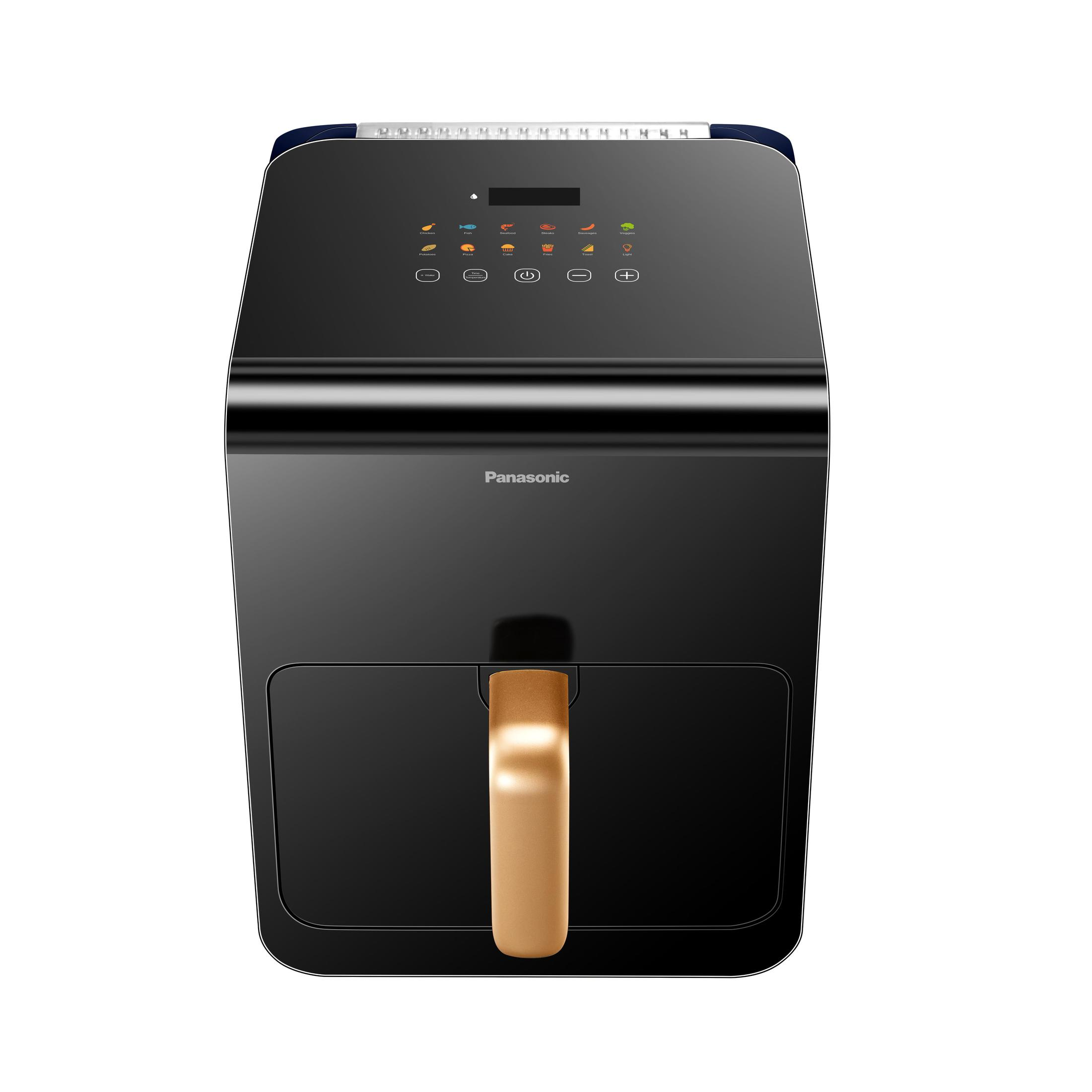 Czarna frytkownica powietrzna ze złotym uchwytem, wyświetlaczem cyfrowym i ikonami funkcji. Jest na białym tle.