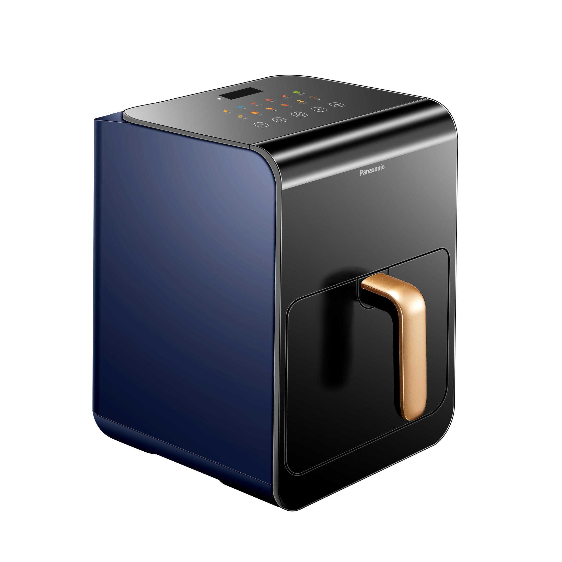 Czarno-niebieska frytkownica beztłuszczowa ze złotym uchwytem, na białym tle.