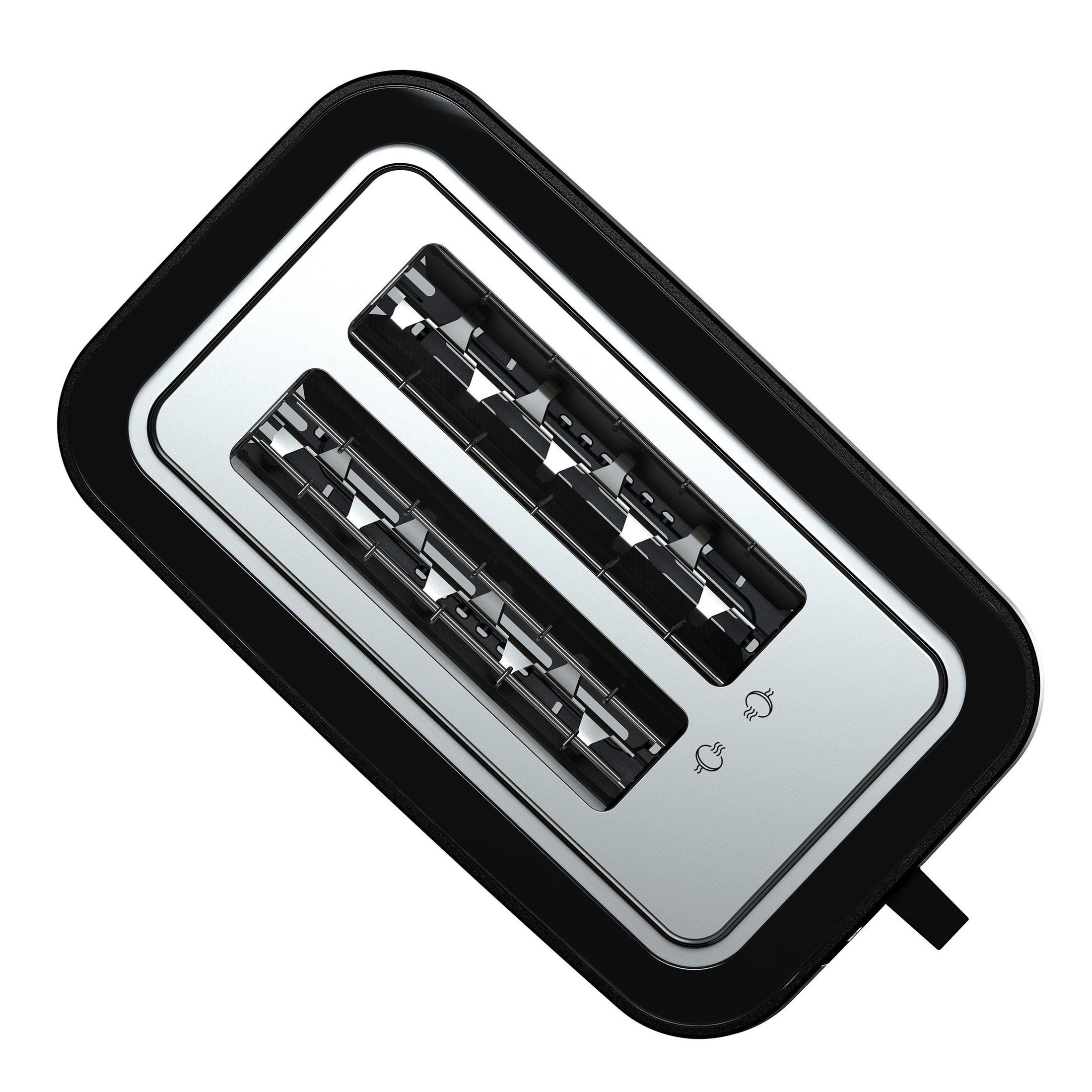 Czarny i srebrny toster z góry. Dwa otwory. Białe tło.