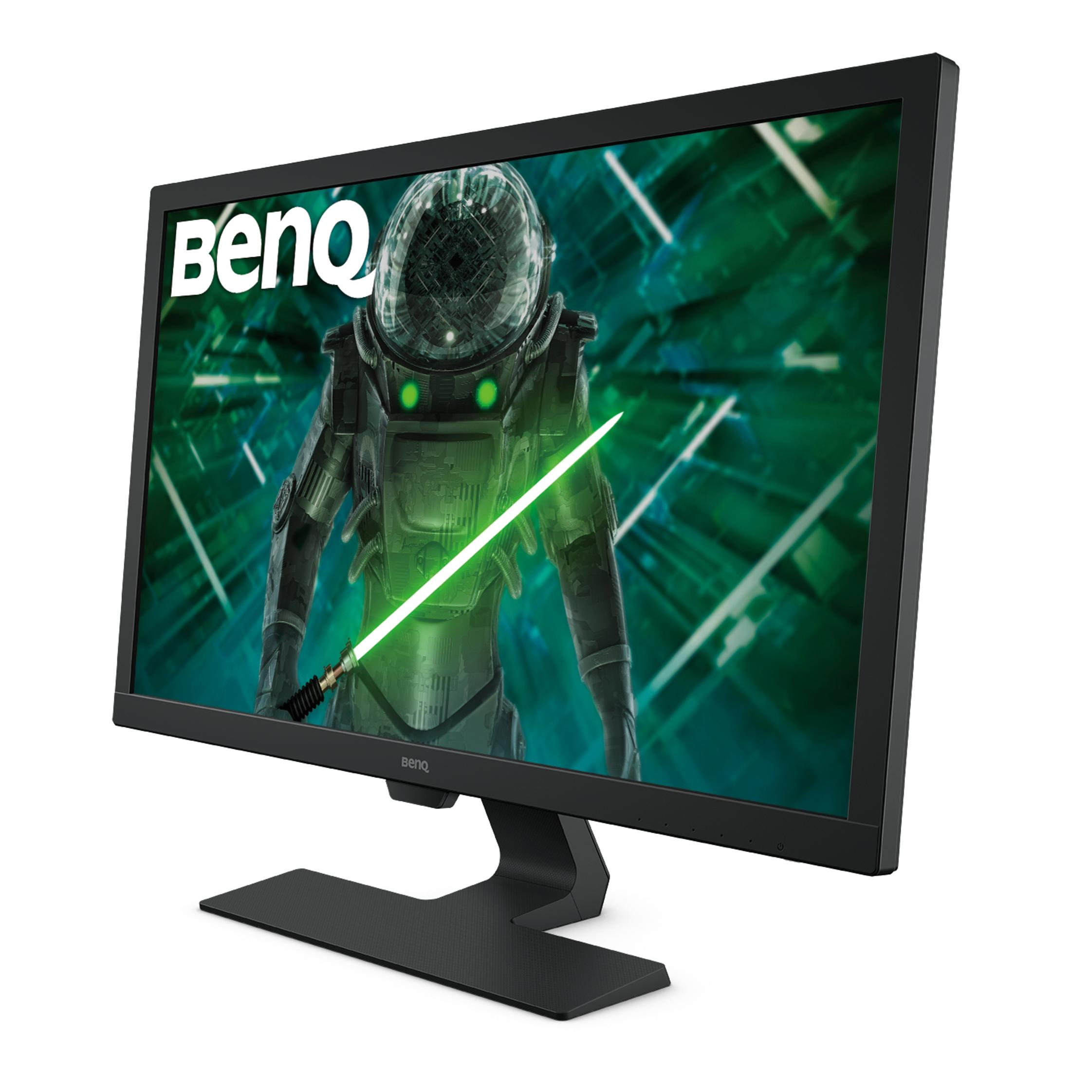 Monitor BenQ che mostra una scena di gioco con un astronauta, una spada laser e uno sfondo verde.