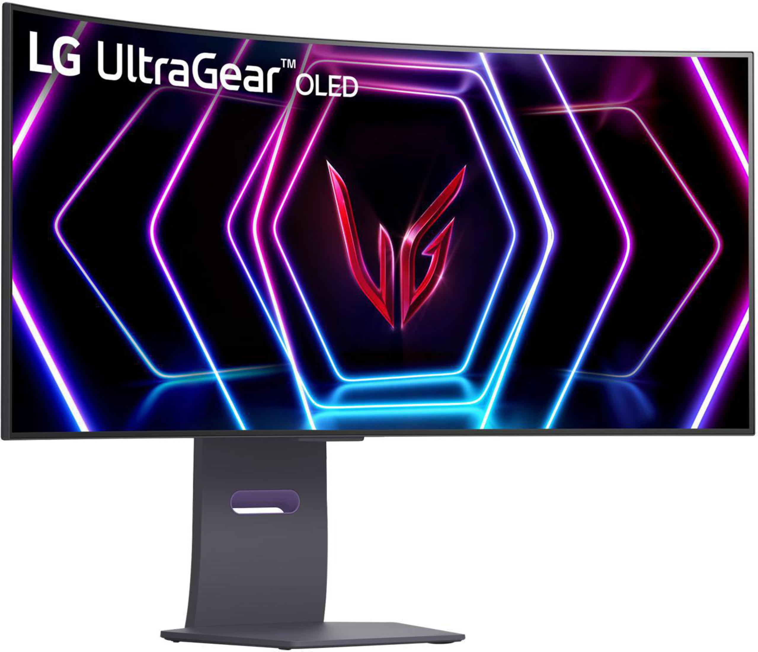 Monitor LG UltraGear OLED wyświetla kolorowe kształty na czarnym tle, z zakrzywionym ekranem i podstawą.