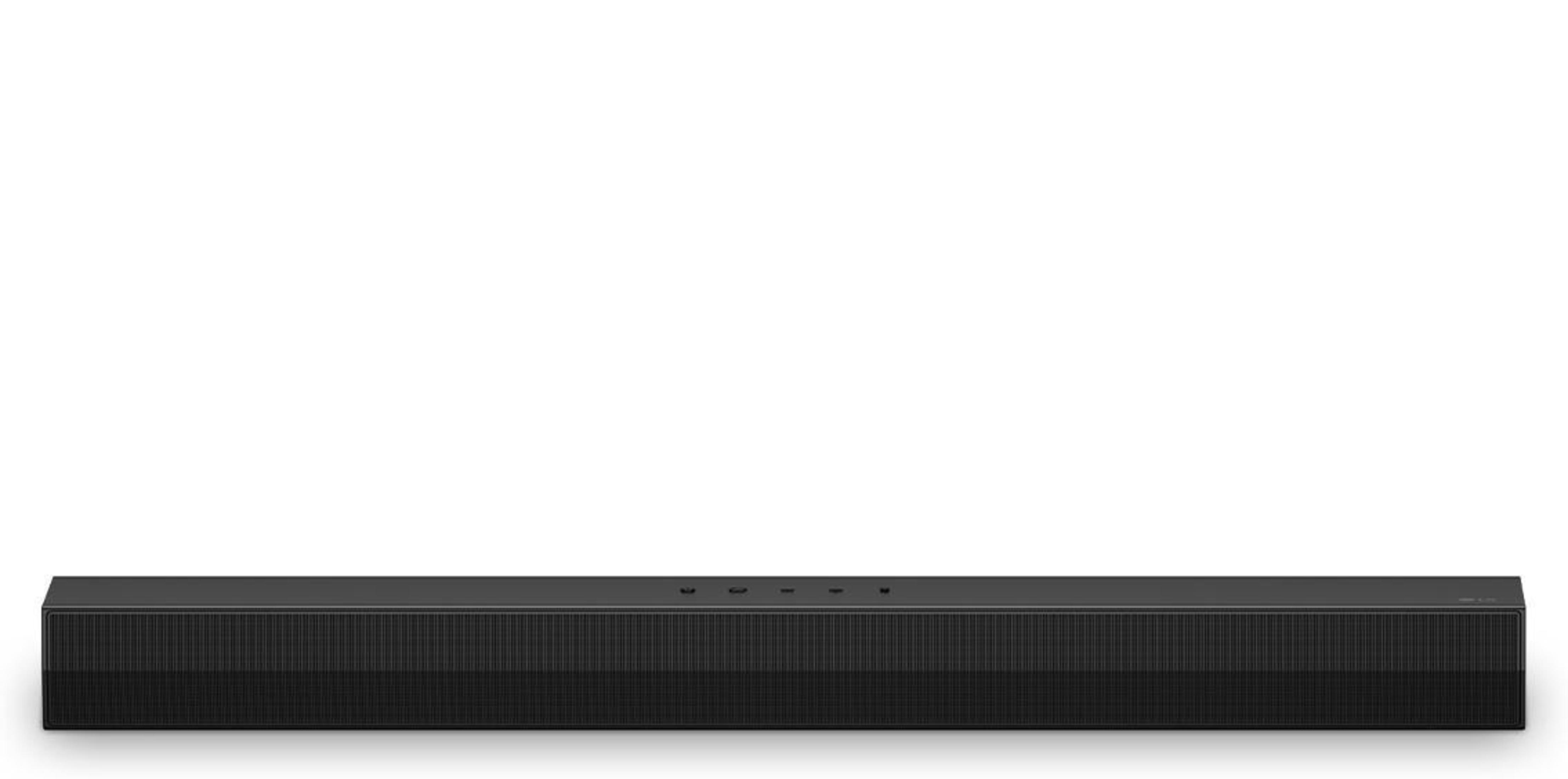 Czarny soundbar na białym tle, z wieloma przyciskami na górze. Jest długi i prostokątny.