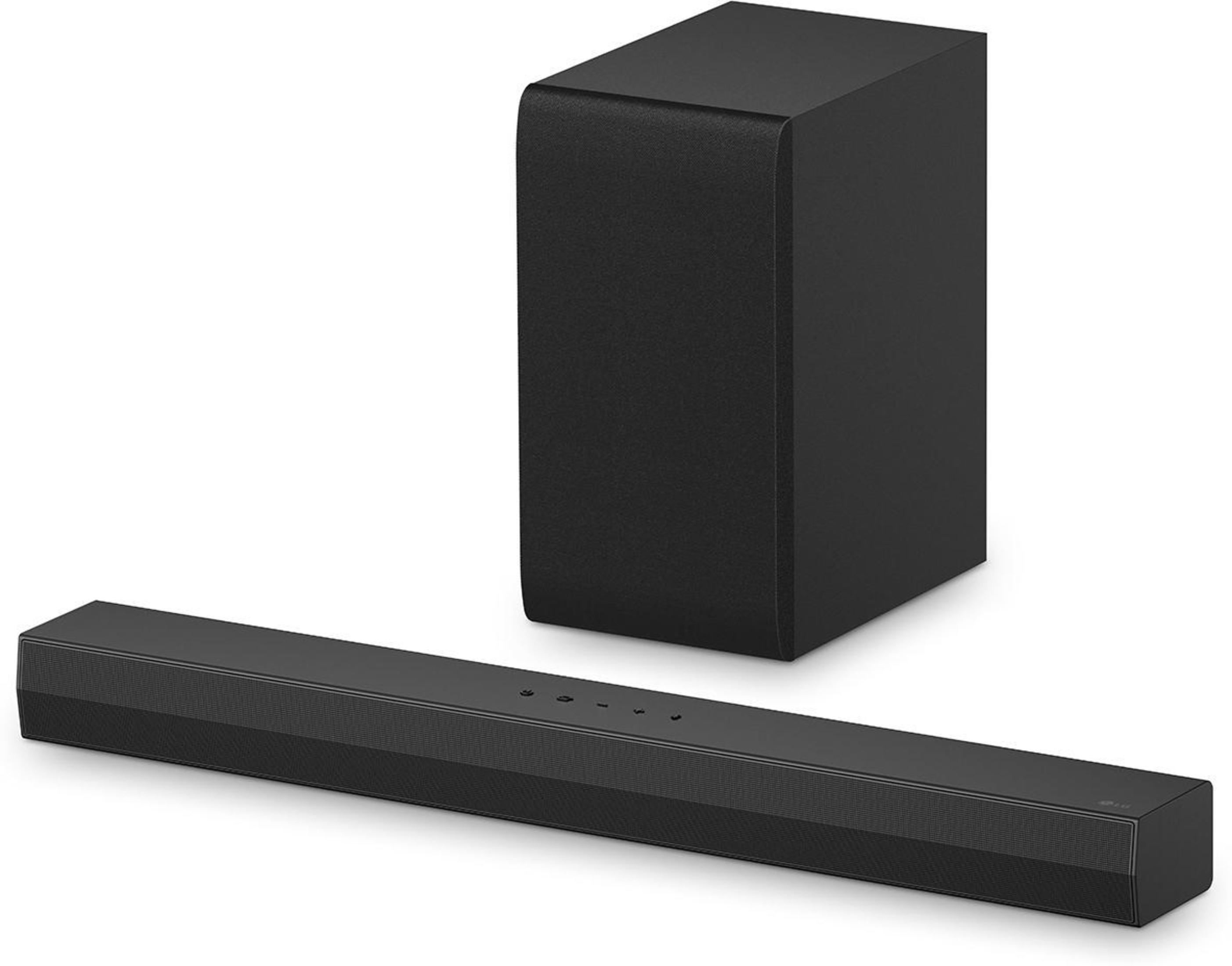 Czarny soundbar i subwoofer. Soundbar długi i prostokątny, subwoofer czarny sześcian.